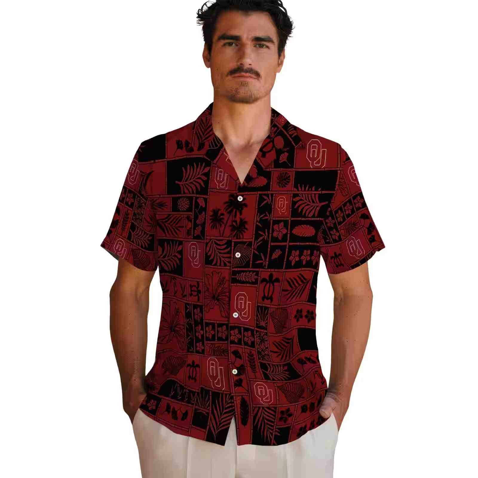 oklahoma sooners tropical patchwork crimson black hawaiian shirt fashion forward