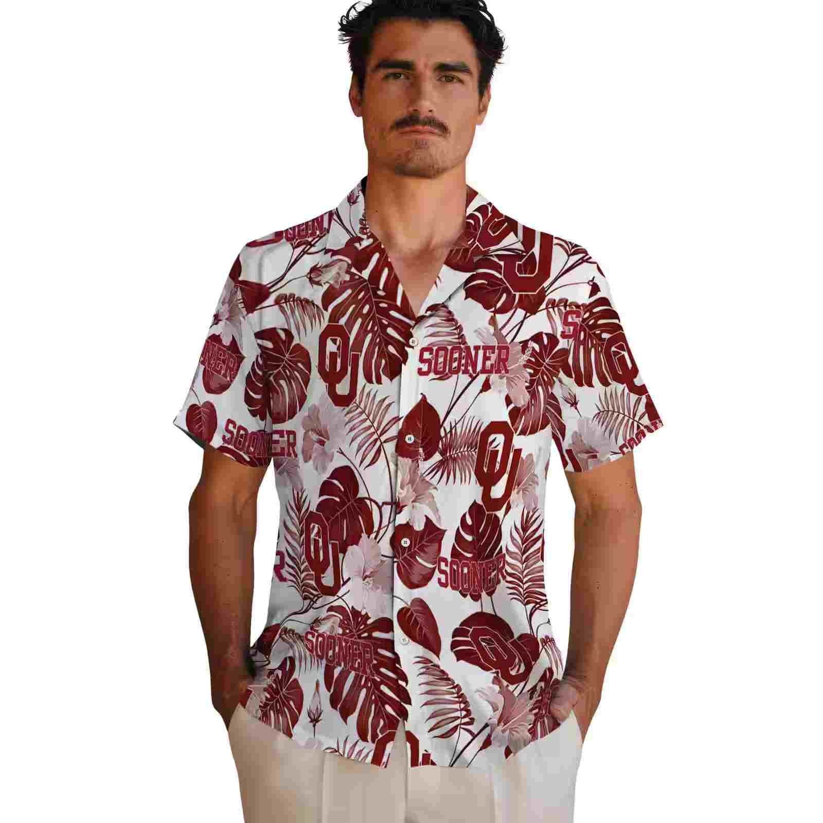 oklahoma sooners tropical plants crimson white hawaiian shirt fashion forward