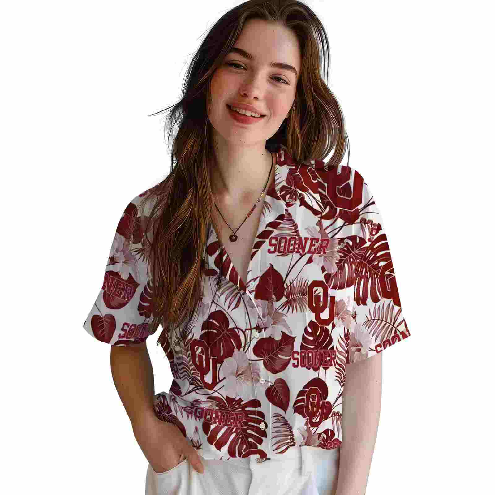 oklahoma sooners tropical plants crimson white hawaiian shirt latest model