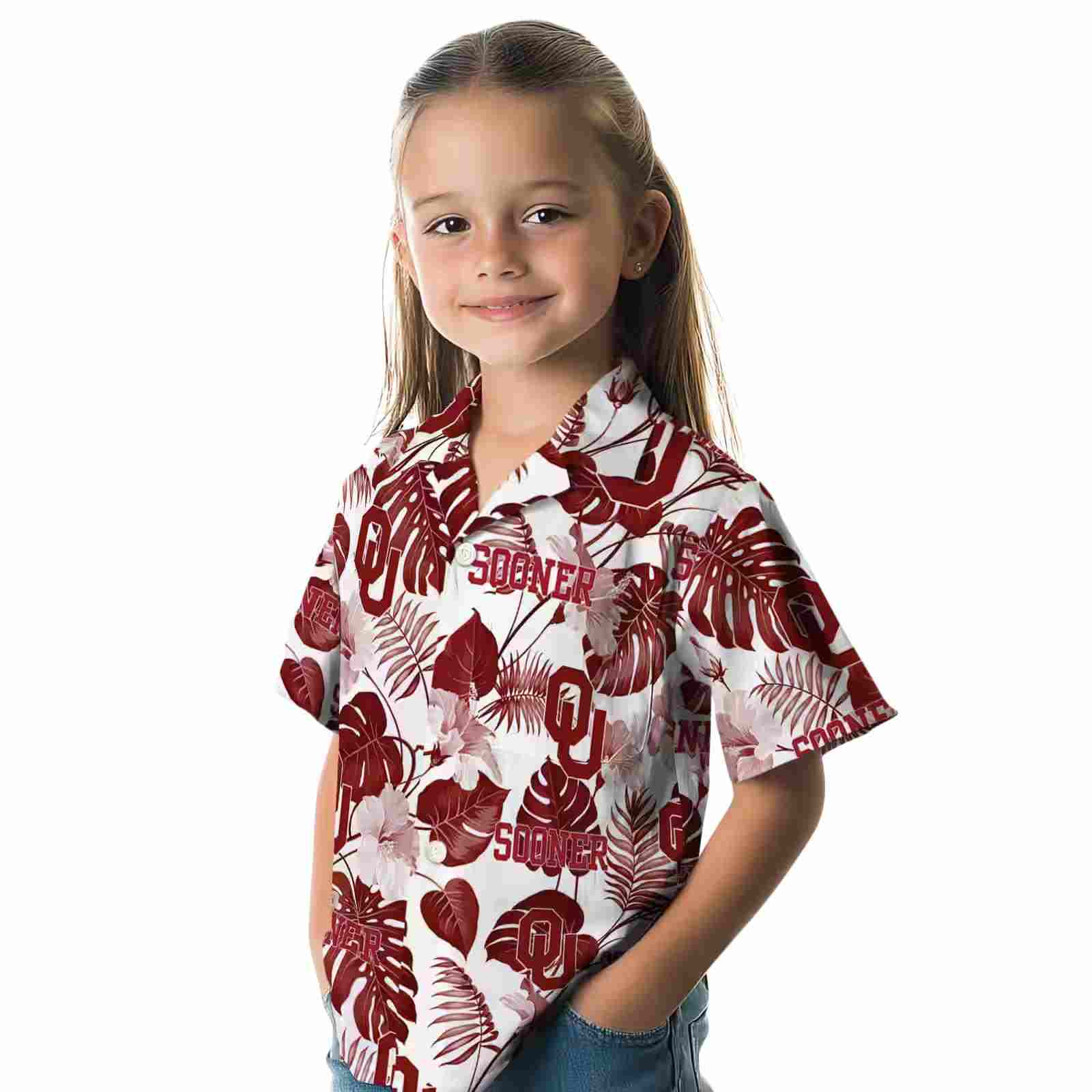 oklahoma sooners tropical plants crimson white hawaiian shirt premium grade