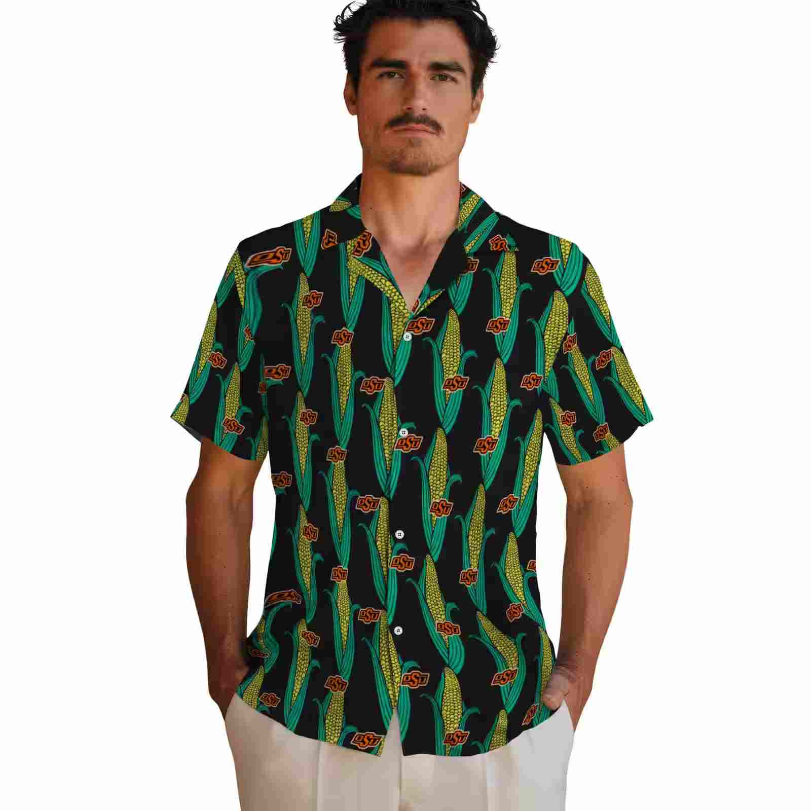 oklahoma state cowboys corn motifs black green hawaiian shirt fashion forward