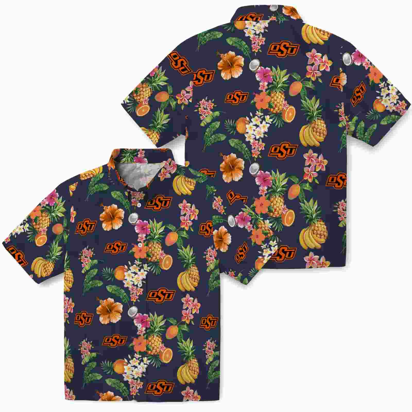 oklahoma state cowboys hibiscus and fruit navy blue hawaiian shirt high quality