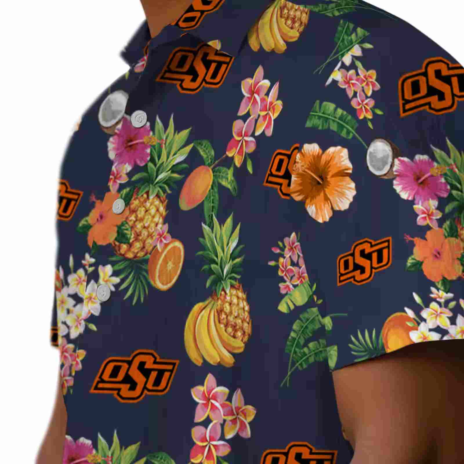 oklahoma state cowboys hibiscus and fruit navy blue hawaiian shirt trendy