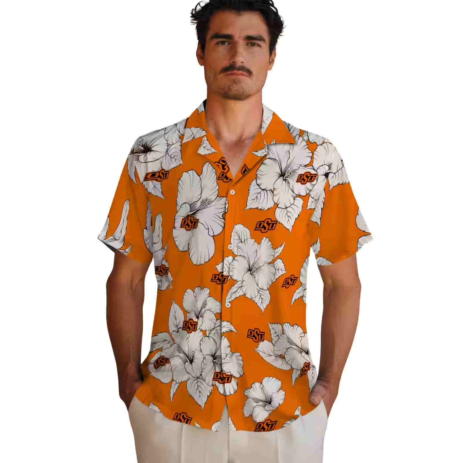 oklahoma state cowboys hibiscus blooms orange white hawaiian shirt fashion forward