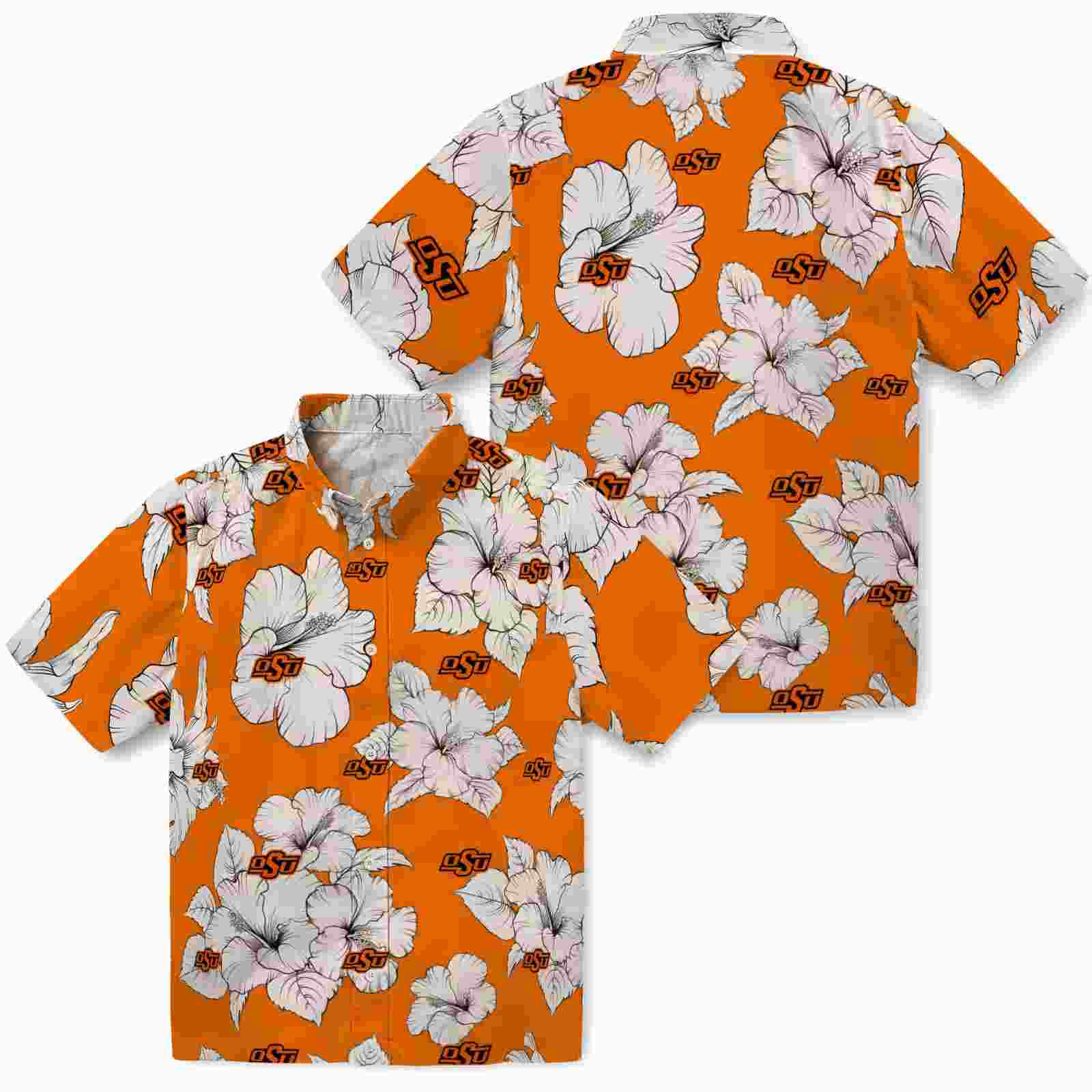 oklahoma state cowboys hibiscus blooms orange white hawaiian shirt high quality