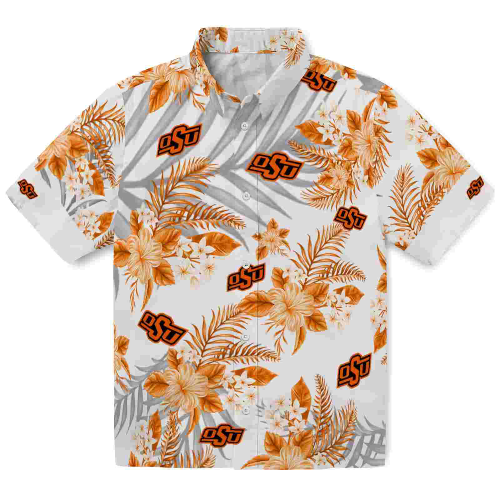 Oklahoma State Cowboys Hibiscus Palm Leaves Orange White Hawaiian Shirt