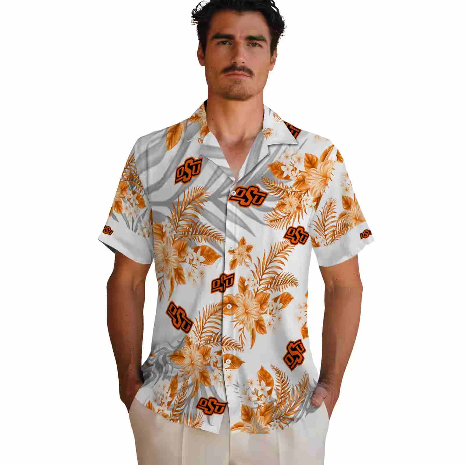 oklahoma state cowboys hibiscus palm leaves orange white hawaiian shirt fashion forward