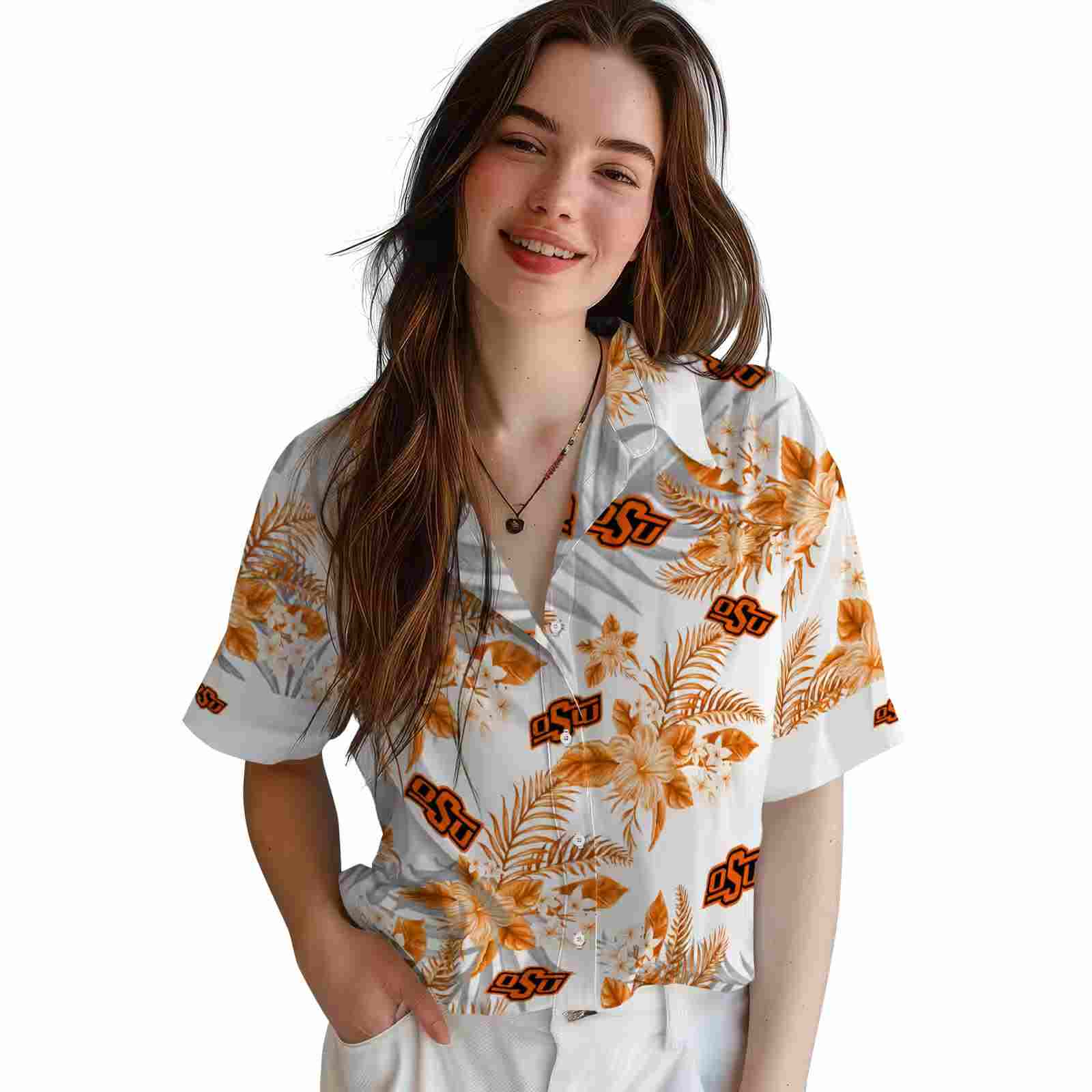 oklahoma state cowboys hibiscus palm leaves orange white hawaiian shirt latest model