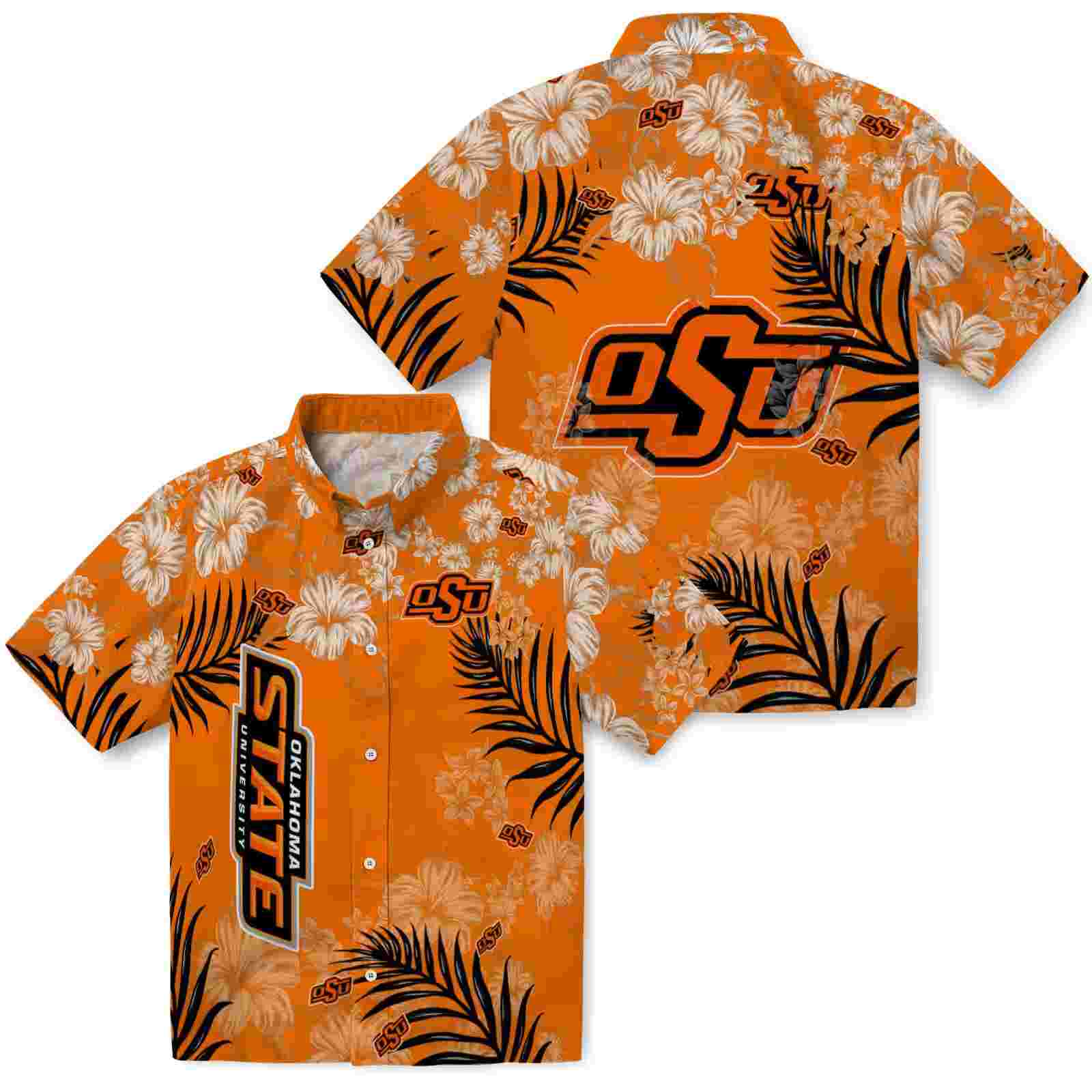 oklahoma state cowboys hibiscus print orange hawaiian shirt high quality