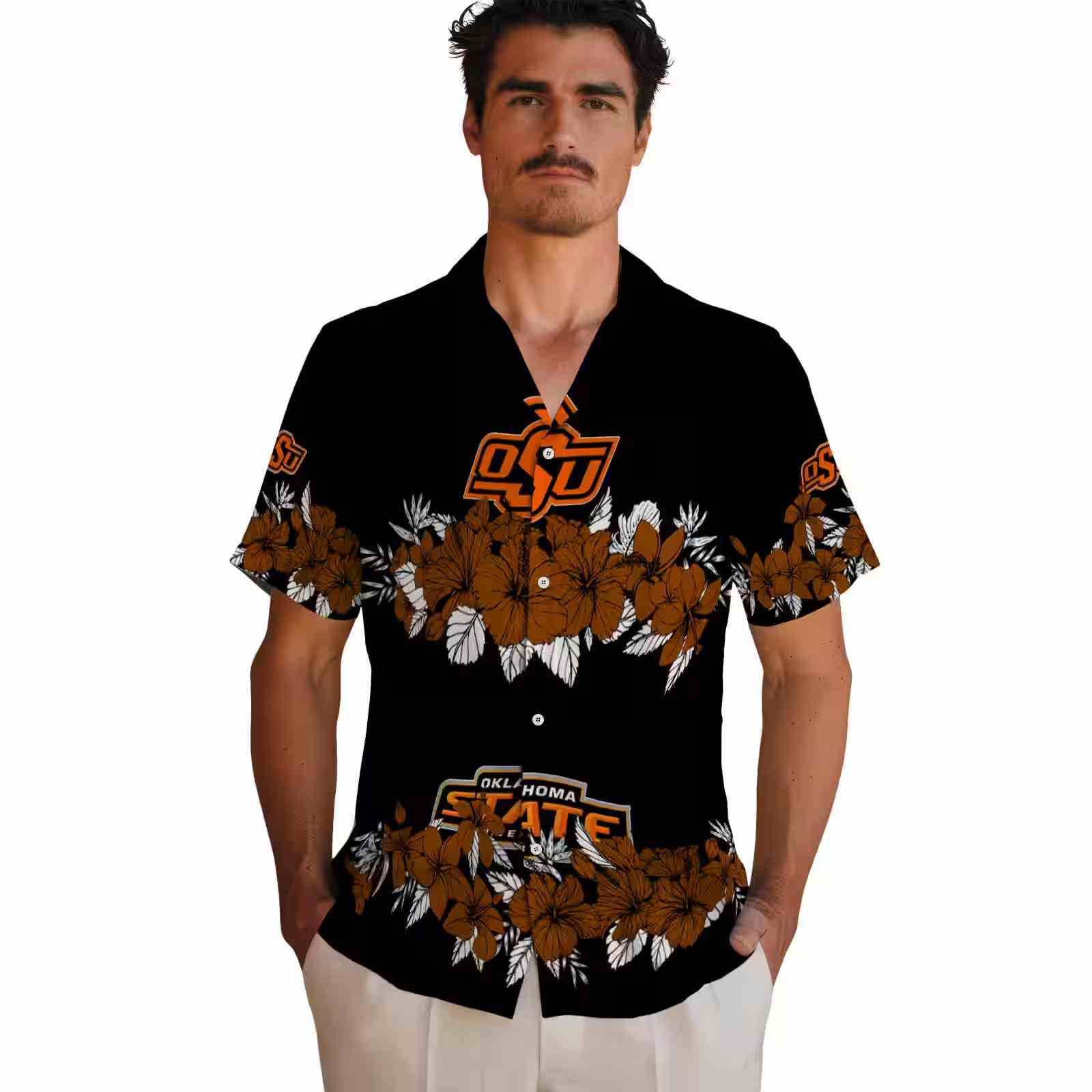 oklahoma state cowboys hibiscus stripe orange black hawaiian shirt fashion forward