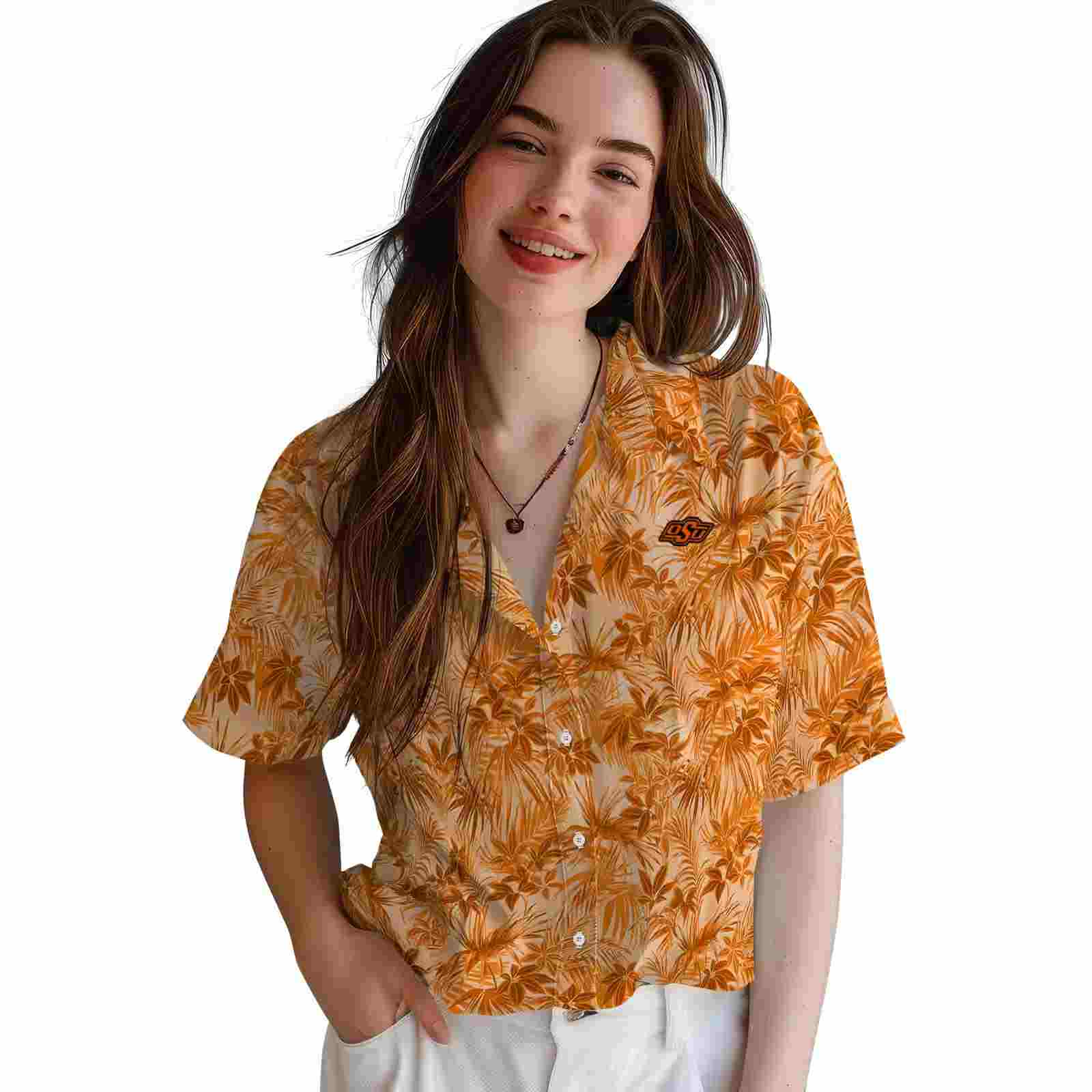 oklahoma state cowboys leafy pattern orange hawaiian shirt latest model