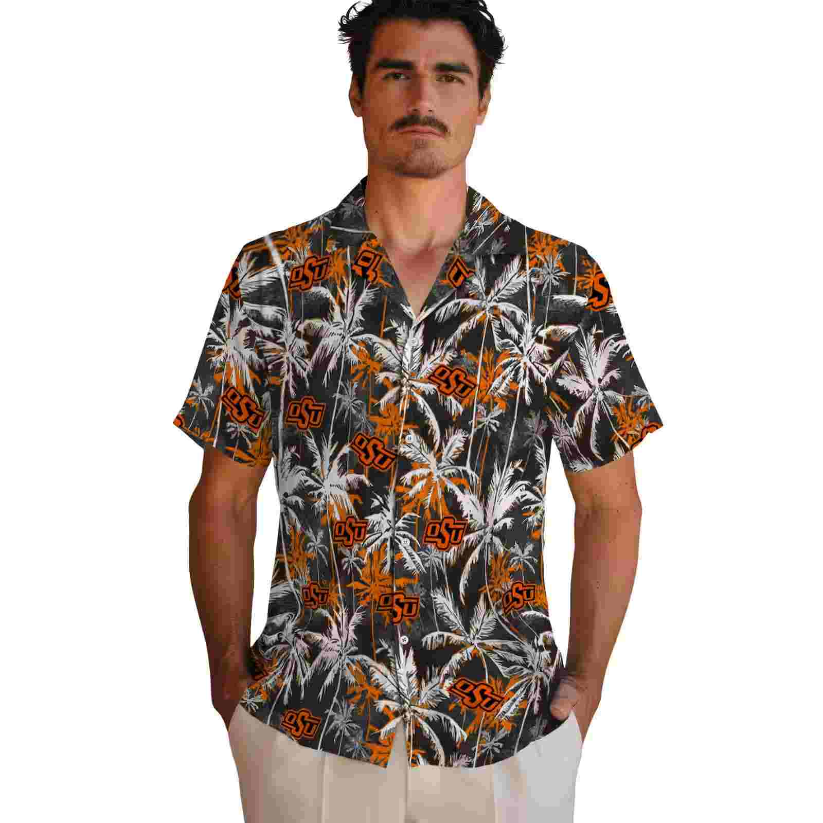 oklahoma state cowboys palm pattern orange black hawaiian shirt fashion forward