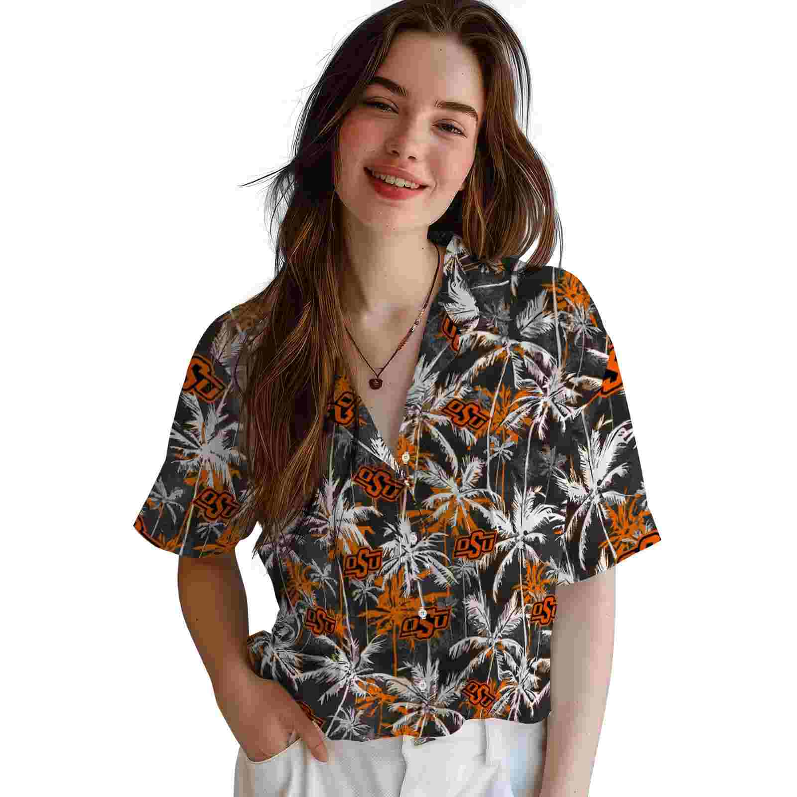 oklahoma state cowboys palm pattern orange black hawaiian shirt latest model