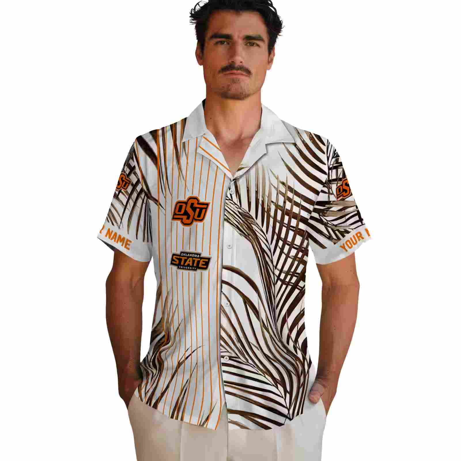 oklahoma state cowboys palm stripes orange black white hawaiian shirt fashion forward