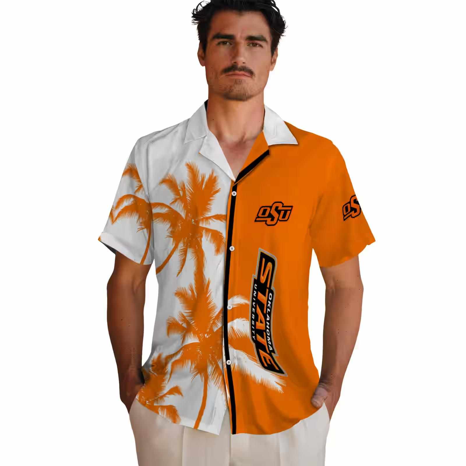 oklahoma state cowboys palm trees orange white hawaiian shirt fashion forward