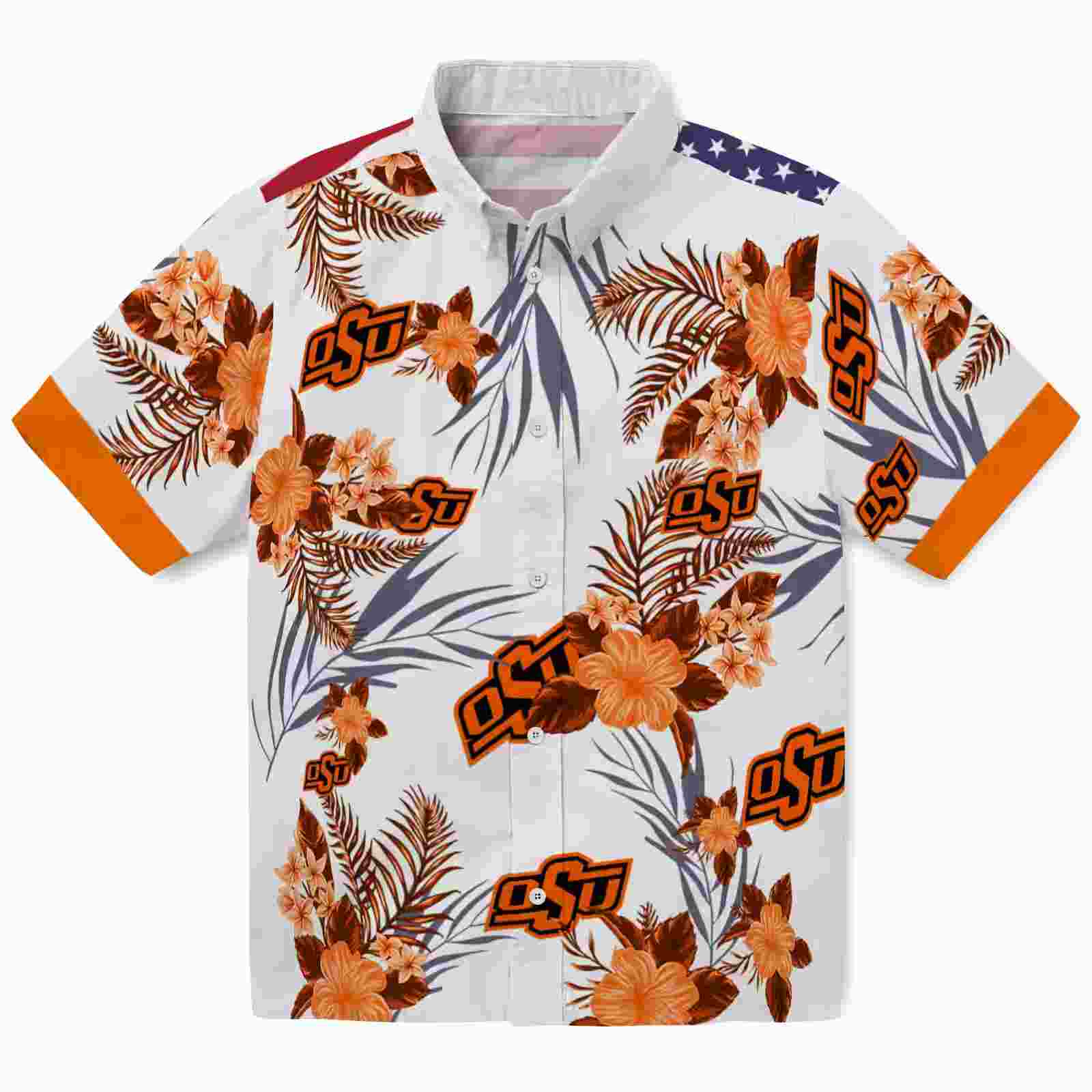 Oklahoma State Cowboys Patriotic Hibiscus Design Orange White Hawaiian Shirt