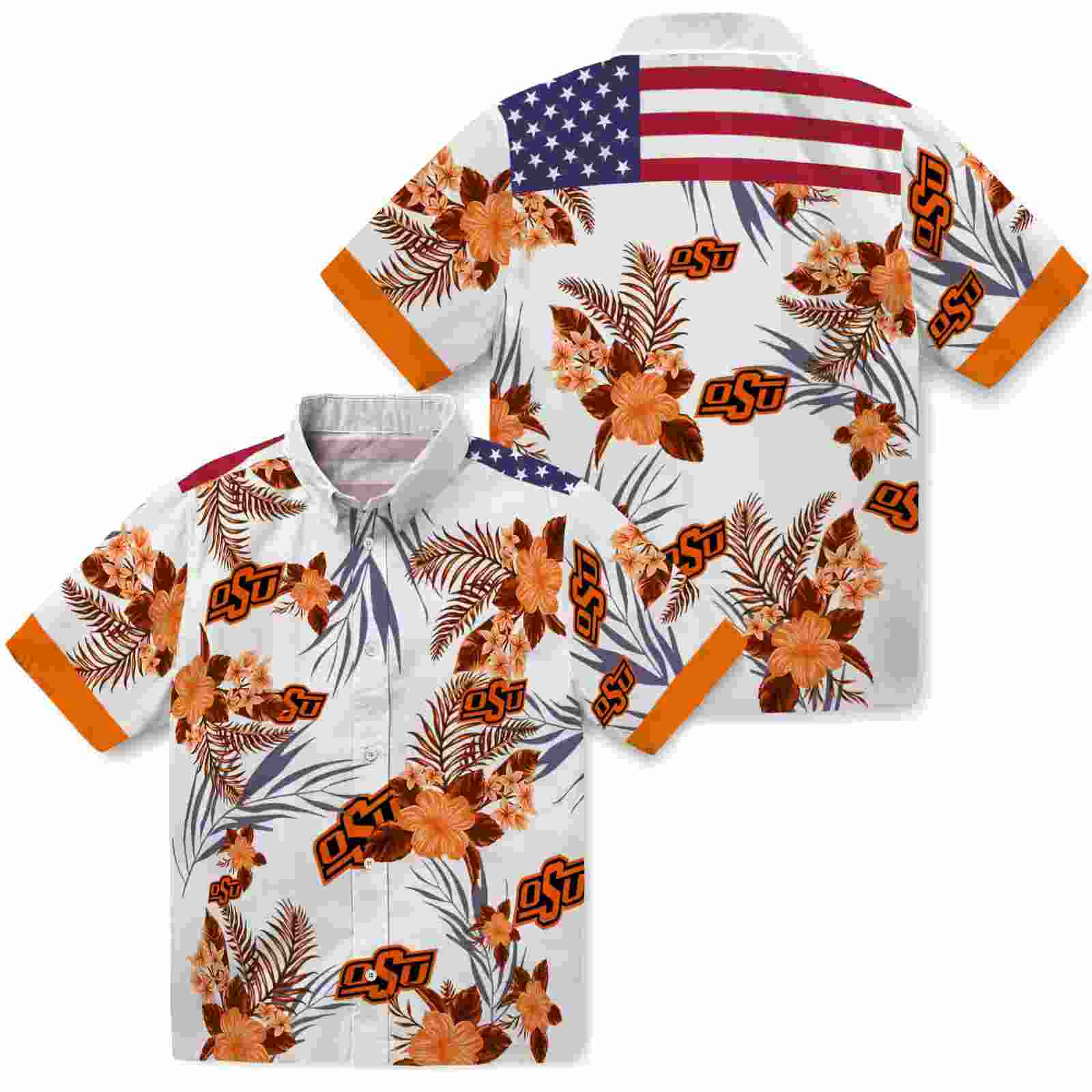 oklahoma state cowboys patriotic hibiscus design orange white hawaiian shirt high quality