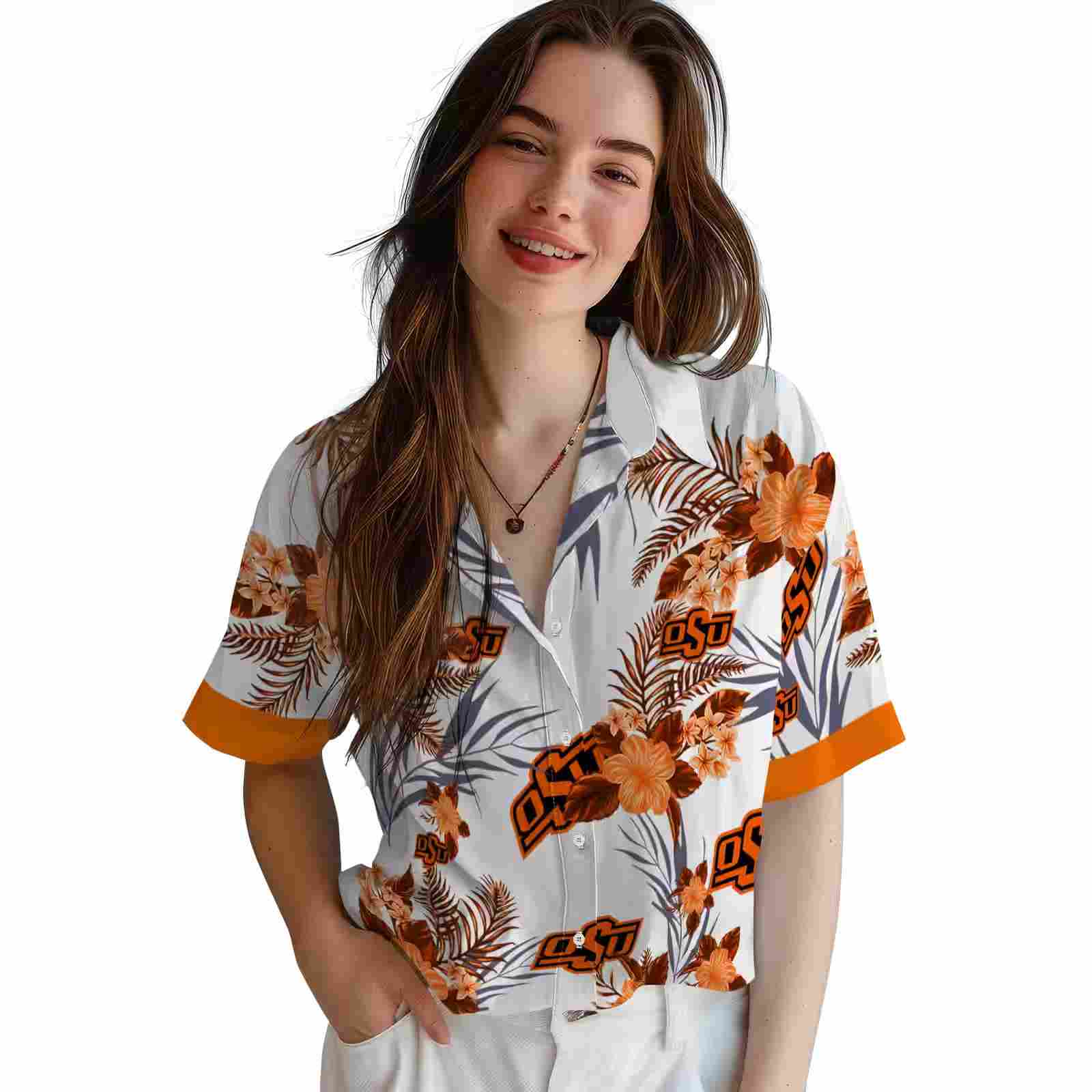 oklahoma state cowboys patriotic hibiscus design orange white hawaiian shirt latest model