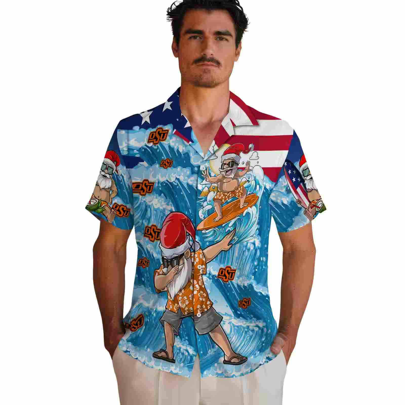 oklahoma state cowboys surfing santa blue hawaiian shirt fashion forward