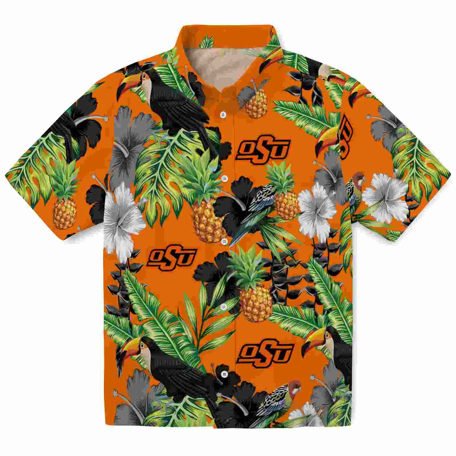 Oklahoma State Cowboys Toucan Hibiscus Pineapple Orange Green Hawaiian Shirt