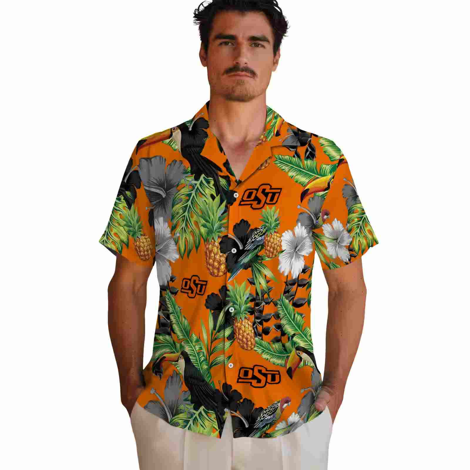 oklahoma state cowboys toucan hibiscus pineapple orange green hawaiian shirt fashion forward