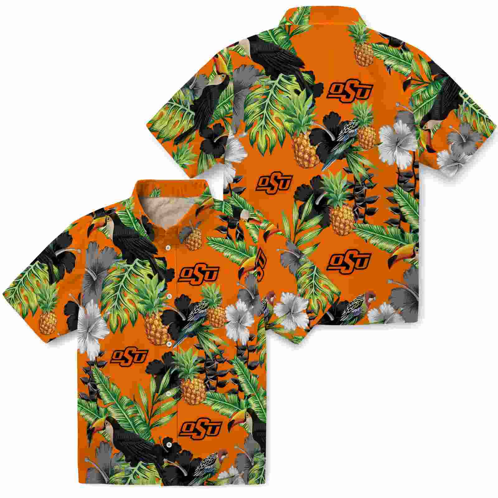 oklahoma state cowboys toucan hibiscus pineapple orange green hawaiian shirt high quality