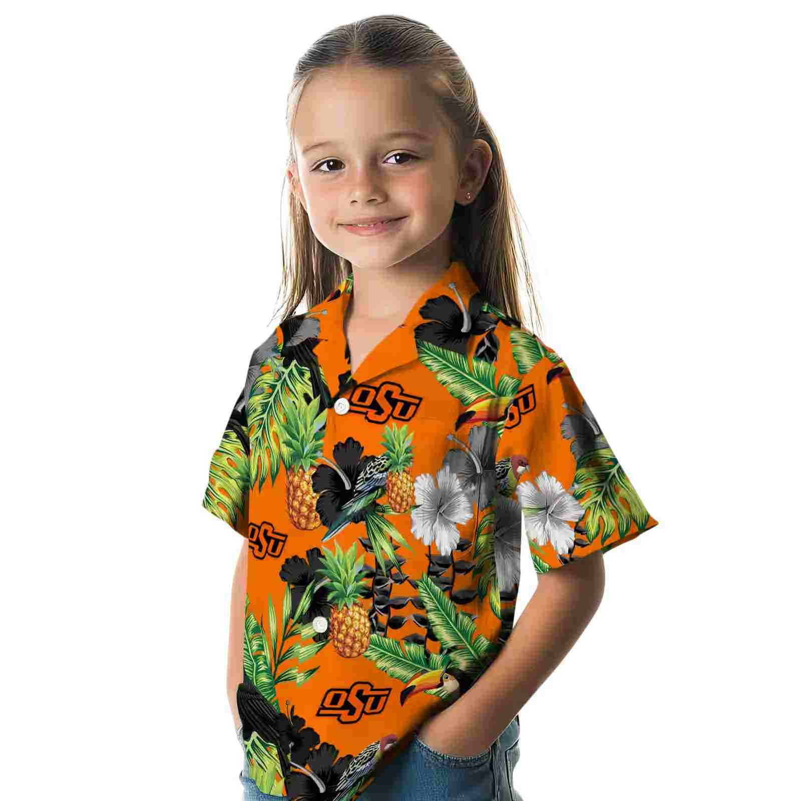 oklahoma state cowboys toucan hibiscus pineapple orange green hawaiian shirt premium grade