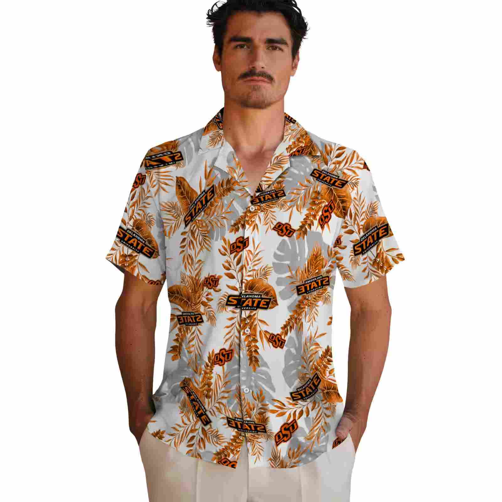 oklahoma state cowboys tropical leaves orange white hawaiian shirt fashion forward