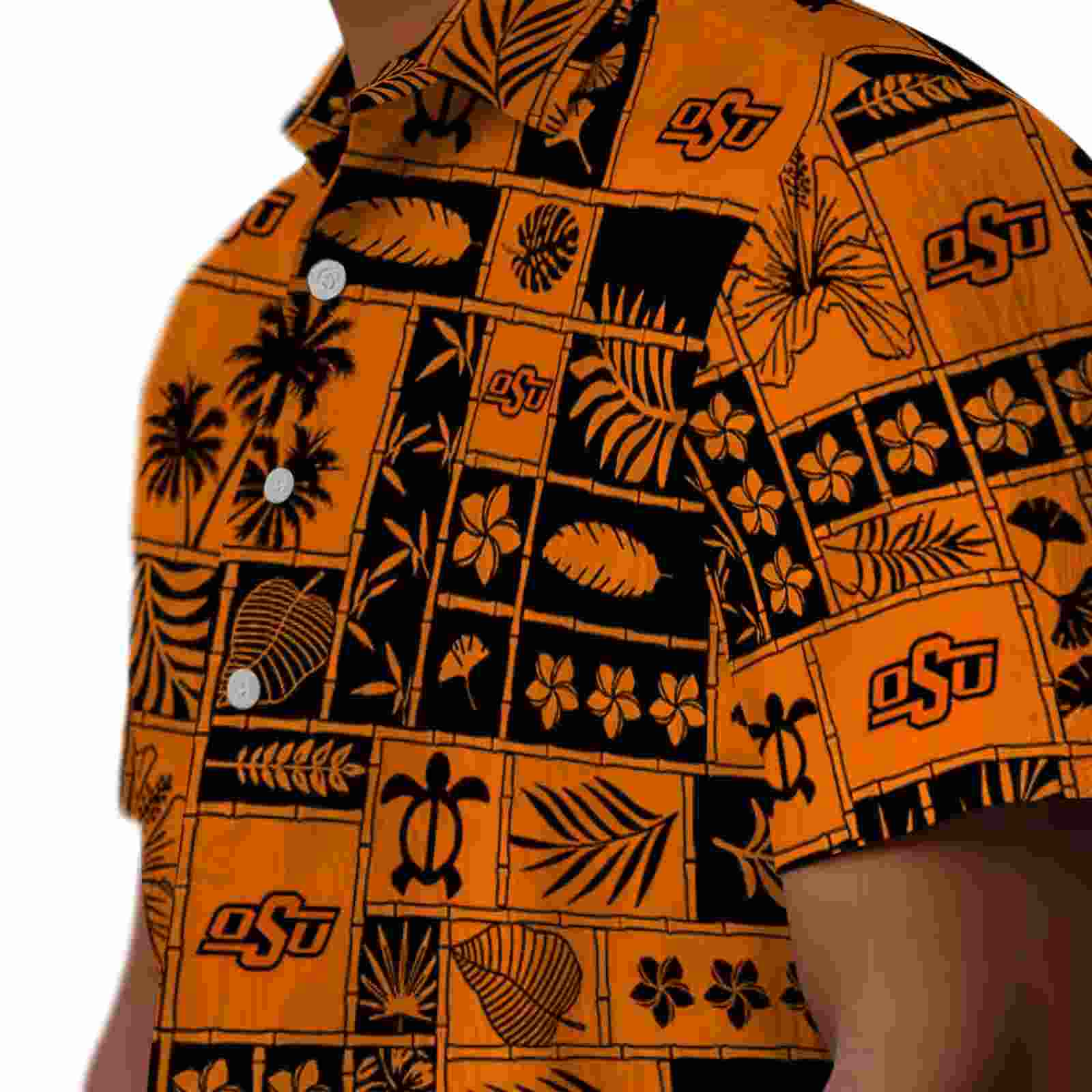 oklahoma state cowboys tropical patchwork orange black hawaiian shirt trendy