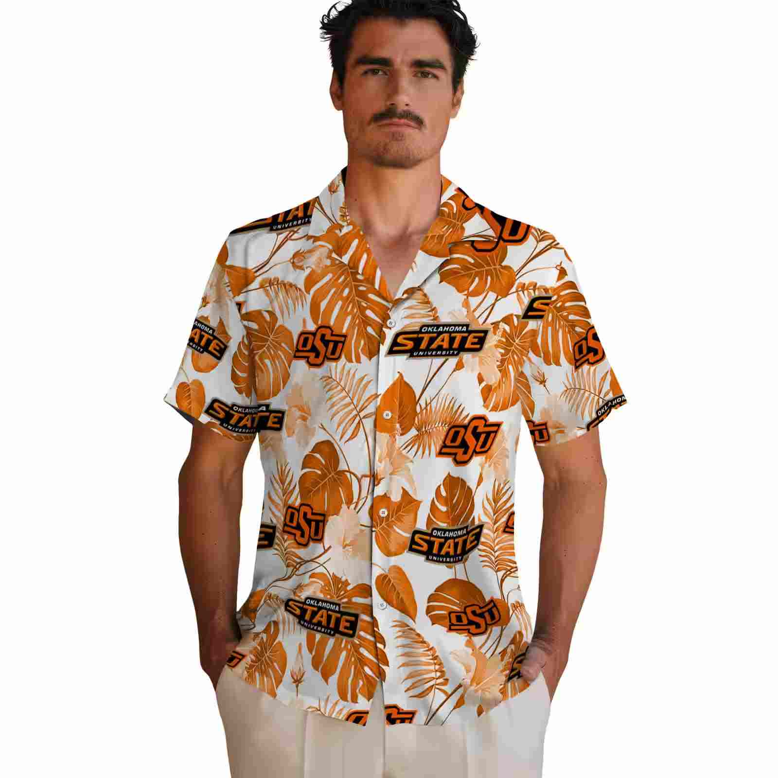 oklahoma state cowboys tropical plants orange white hawaiian shirt fashion forward