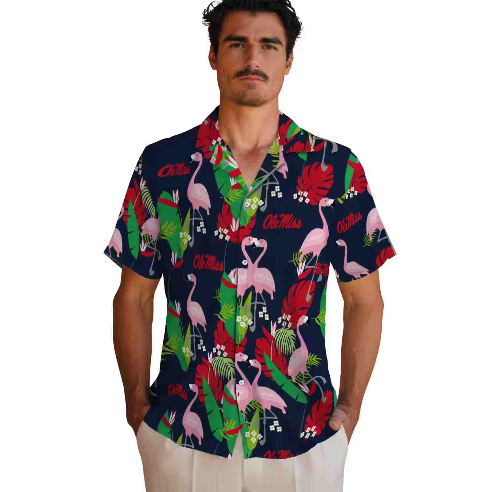 ole miss rebels flamingo foliage red green hawaiian shirt fashion forward