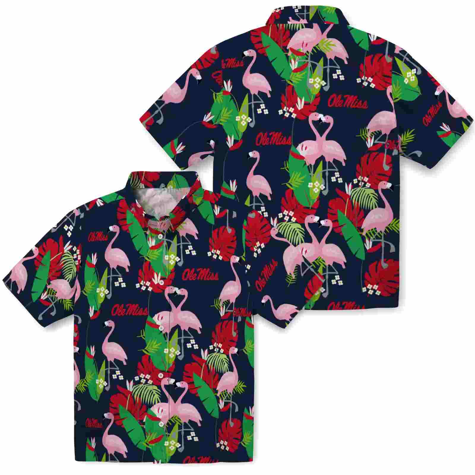 ole miss rebels flamingo foliage red green hawaiian shirt high quality