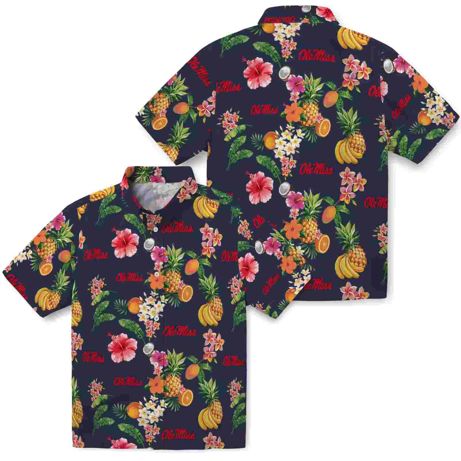 ole miss rebels hibiscus and fruit navy blue hawaiian shirt high quality