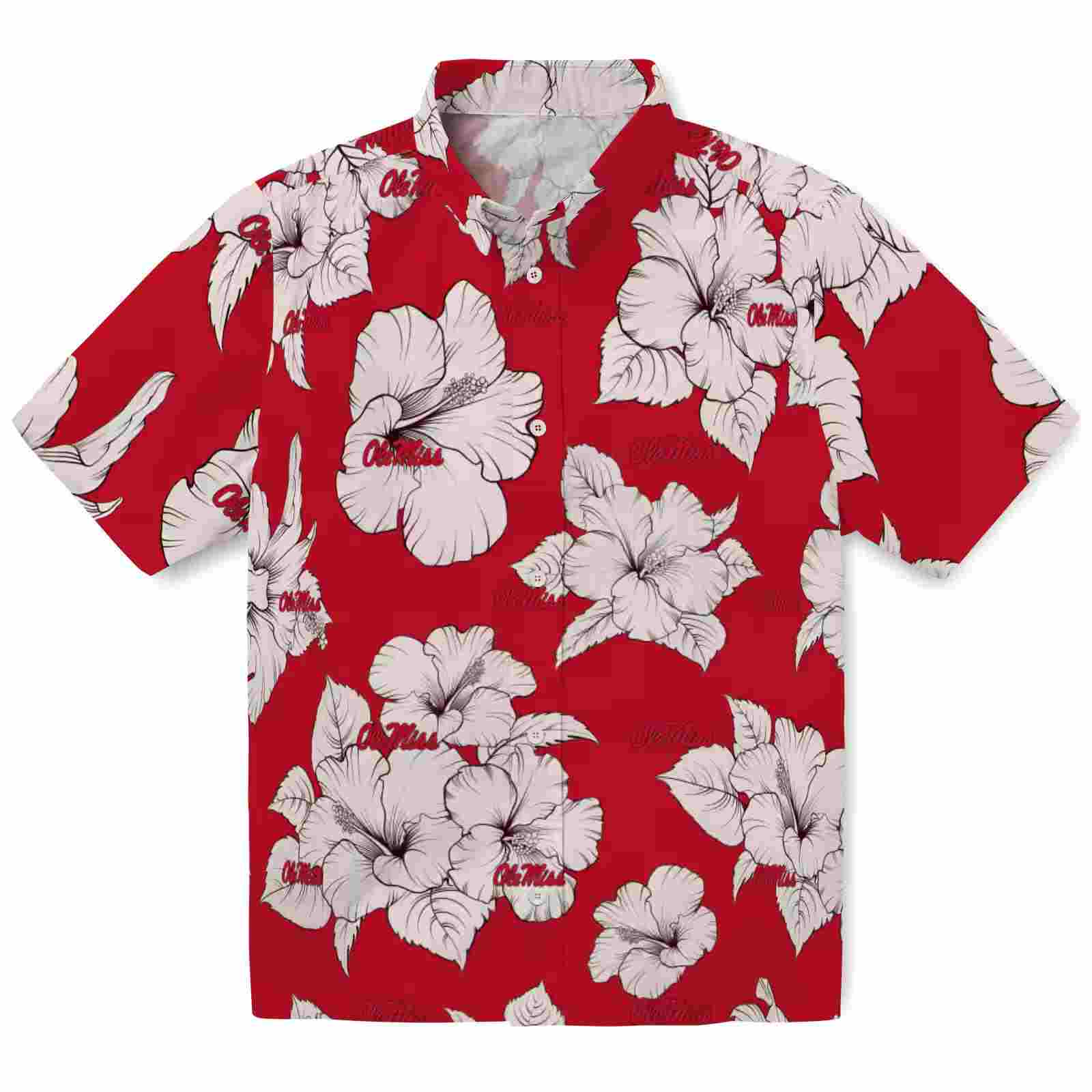 Ole Miss Rebels Hibiscus Blooms Red White Hawaiian Shirt