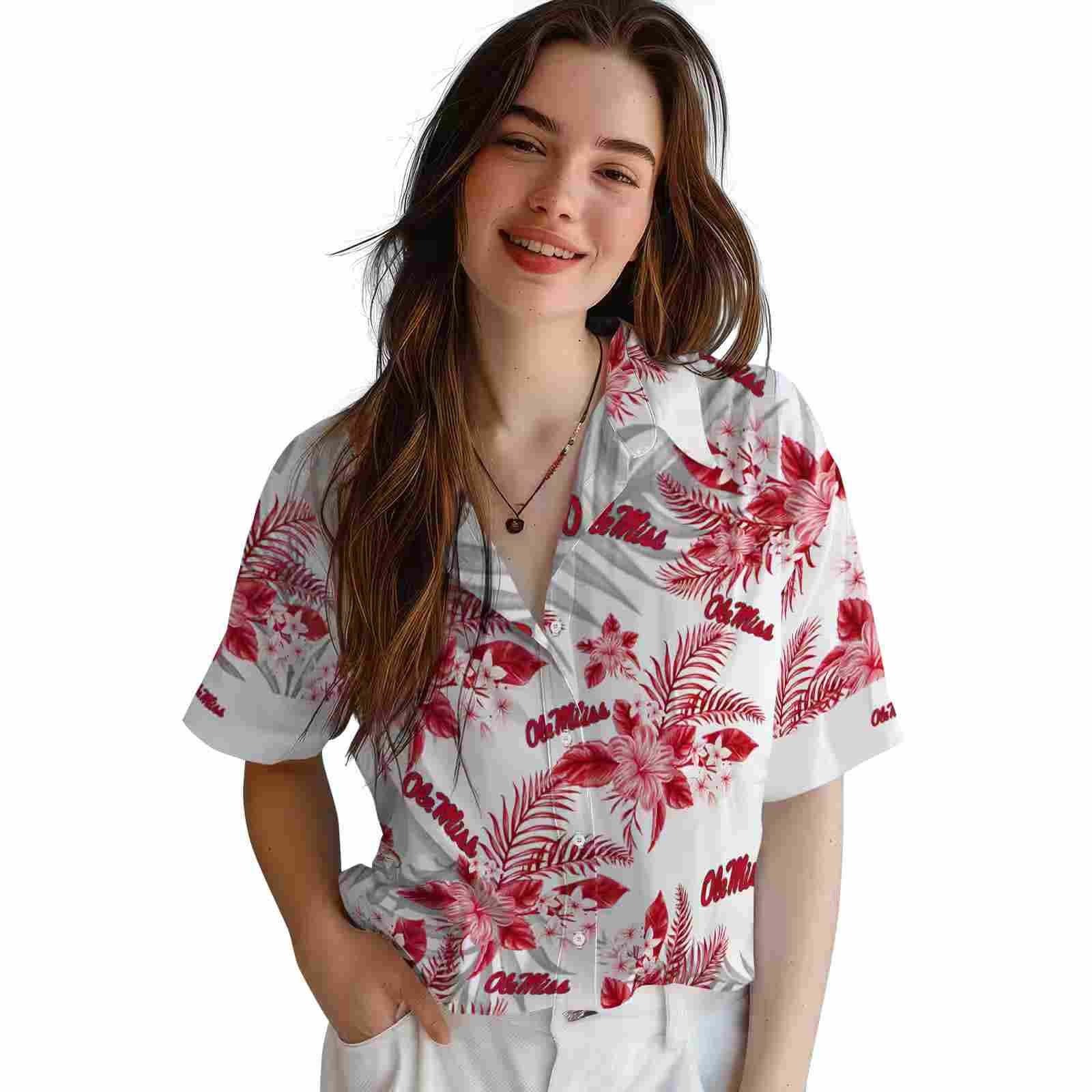 ole miss rebels hibiscus palm leaves red white hawaiian shirt latest model