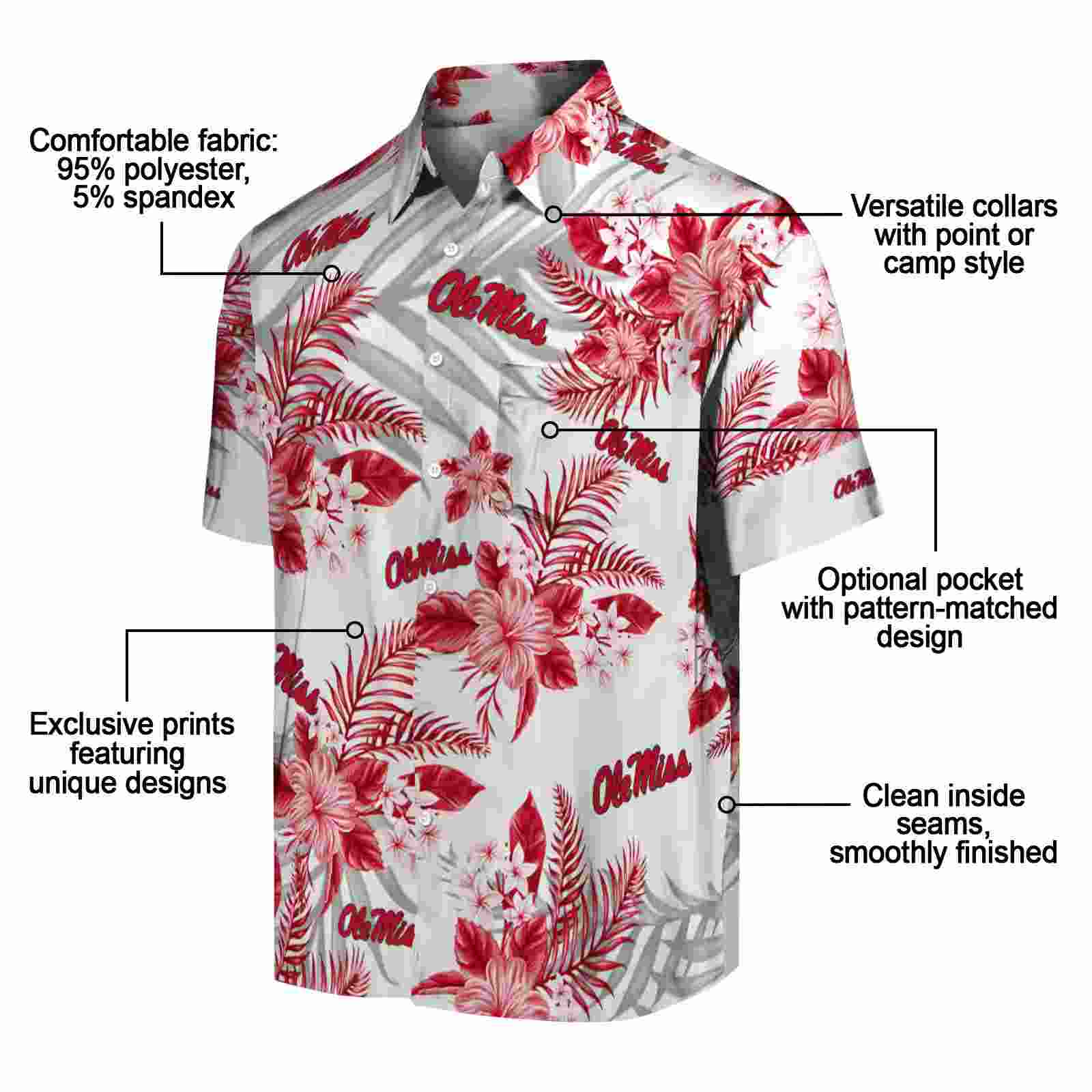 ole miss rebels hibiscus palm leaves red white hawaiian shirt new arrival