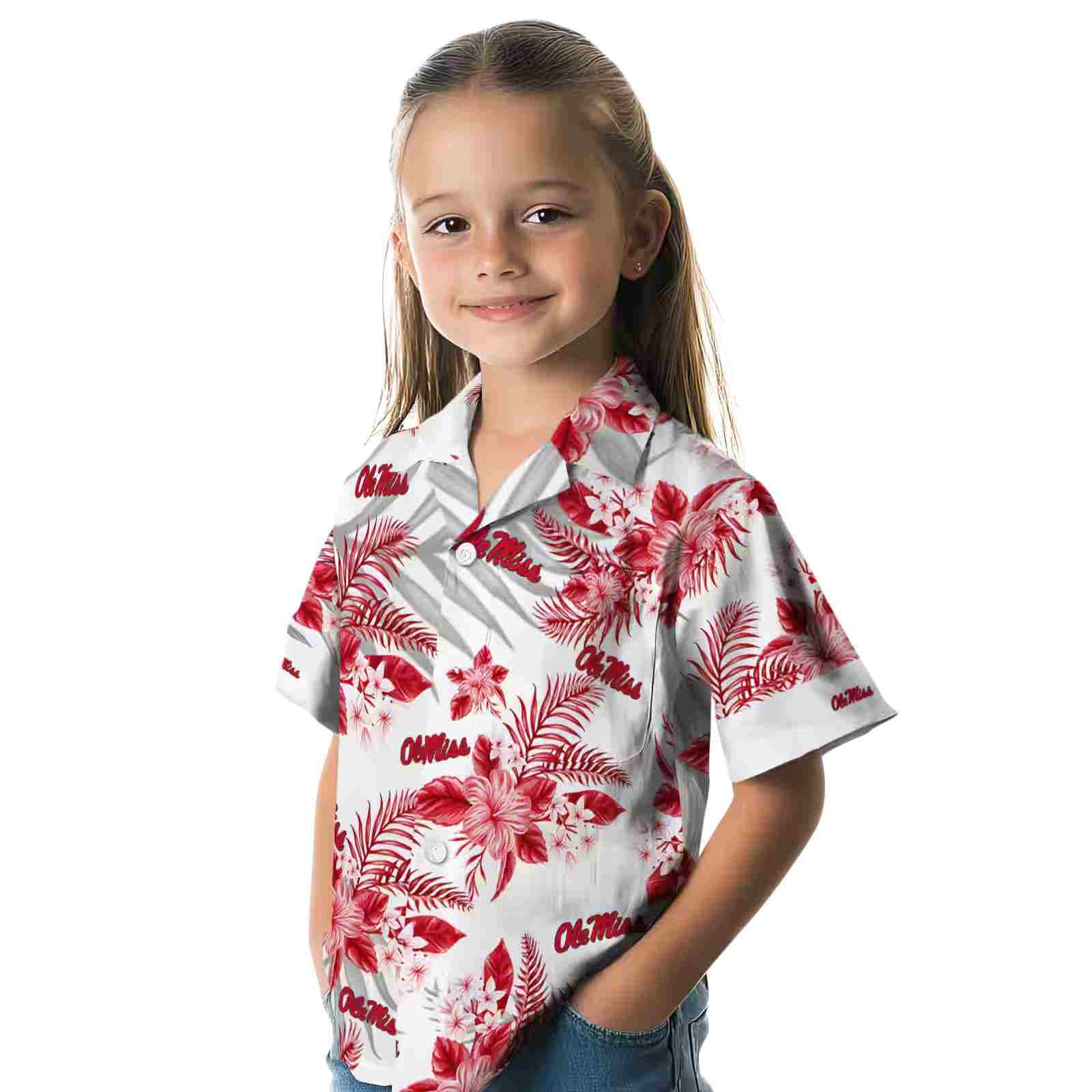 ole miss rebels hibiscus palm leaves red white hawaiian shirt premium grade