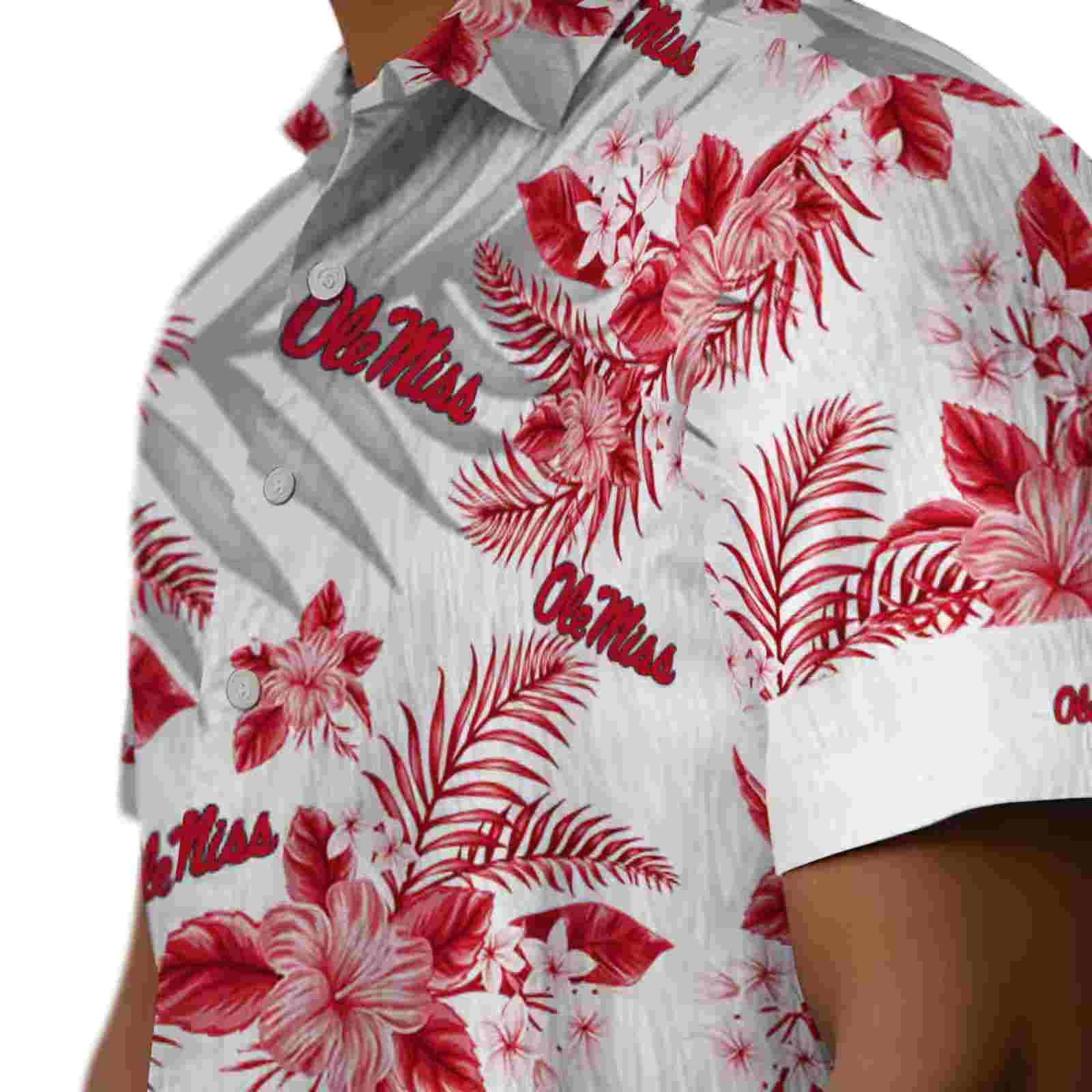 ole miss rebels hibiscus palm leaves red white hawaiian shirt trendy