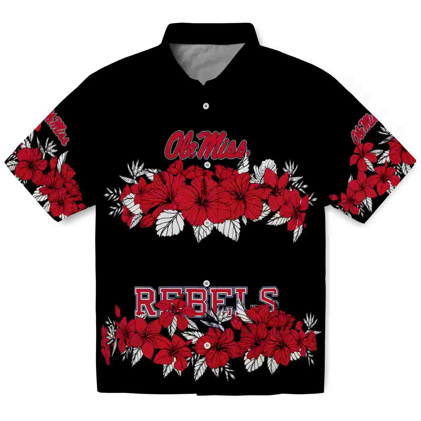 Ole Miss Rebels Hibiscus Stripe Red Black Hawaiian Shirt