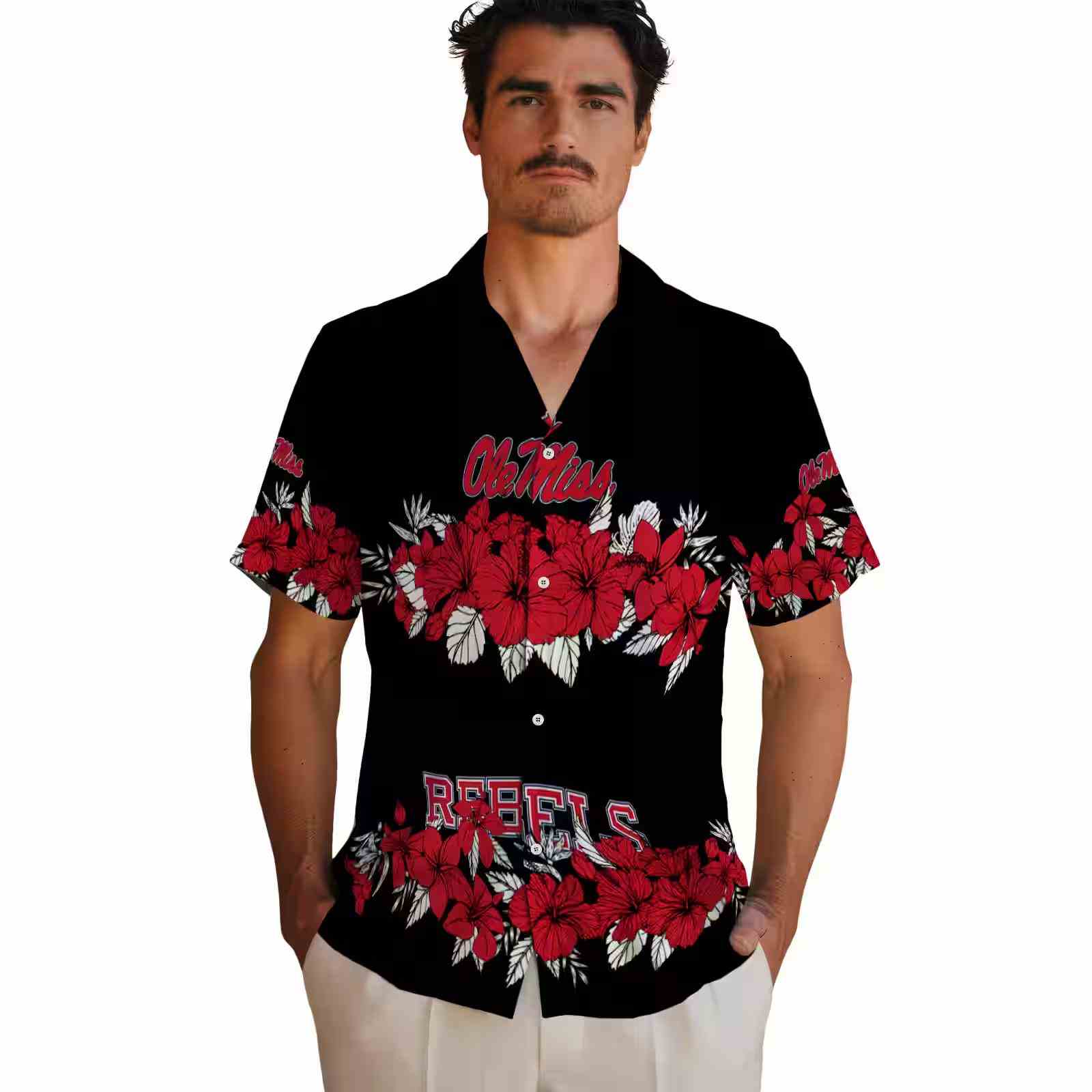 ole miss rebels hibiscus stripe red black hawaiian shirt fashion forward