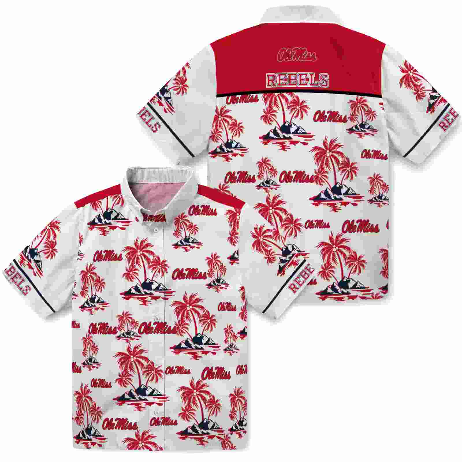 ole miss rebels palm island print red white hawaiian shirt high quality