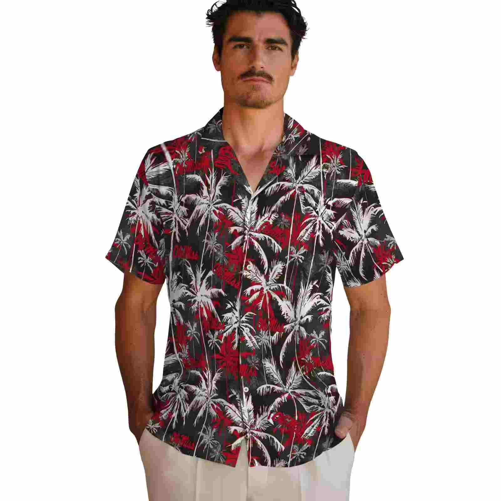 ole miss rebels palm pattern red black hawaiian shirt fashion forward