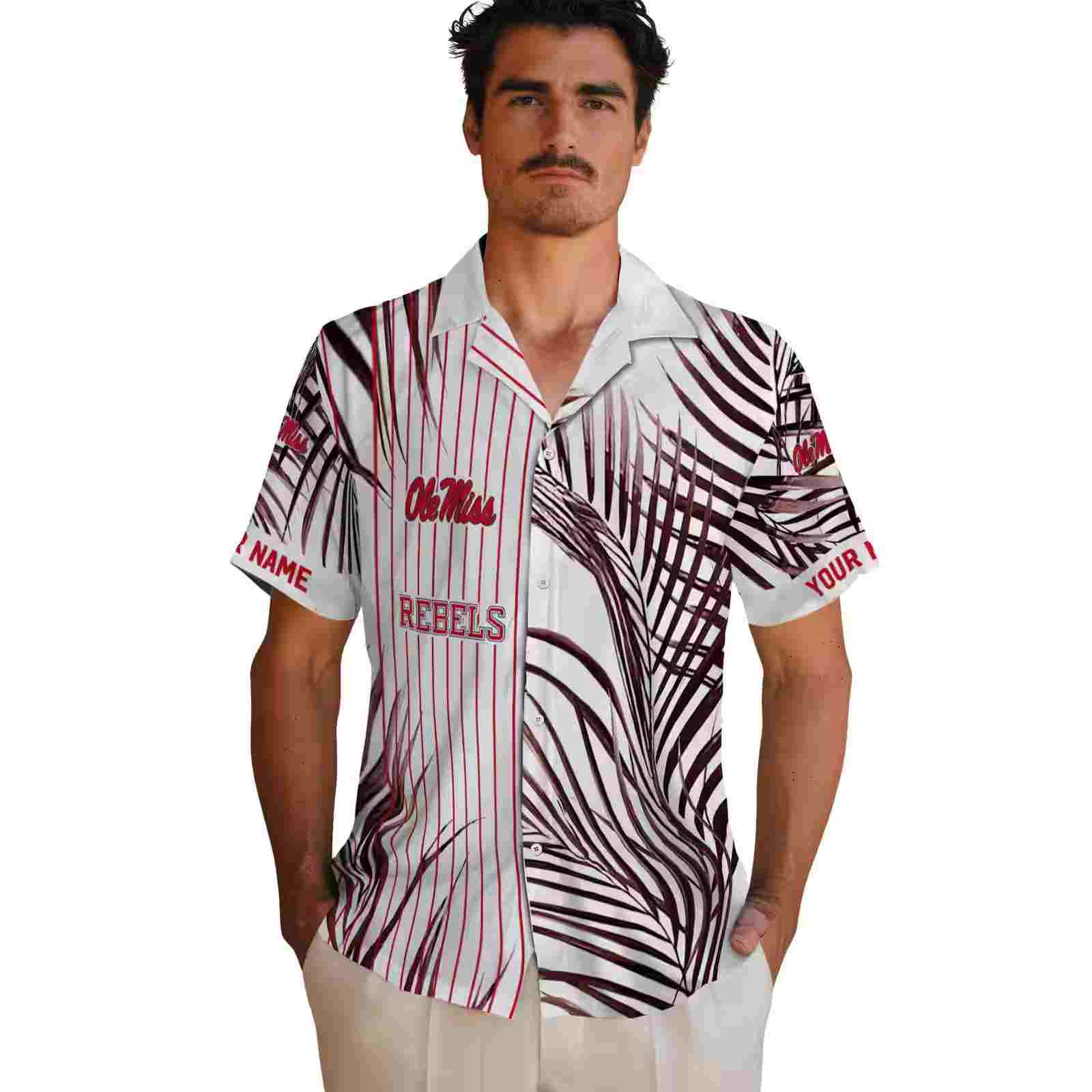 ole miss rebels palm stripes red black white hawaiian shirt fashion forward