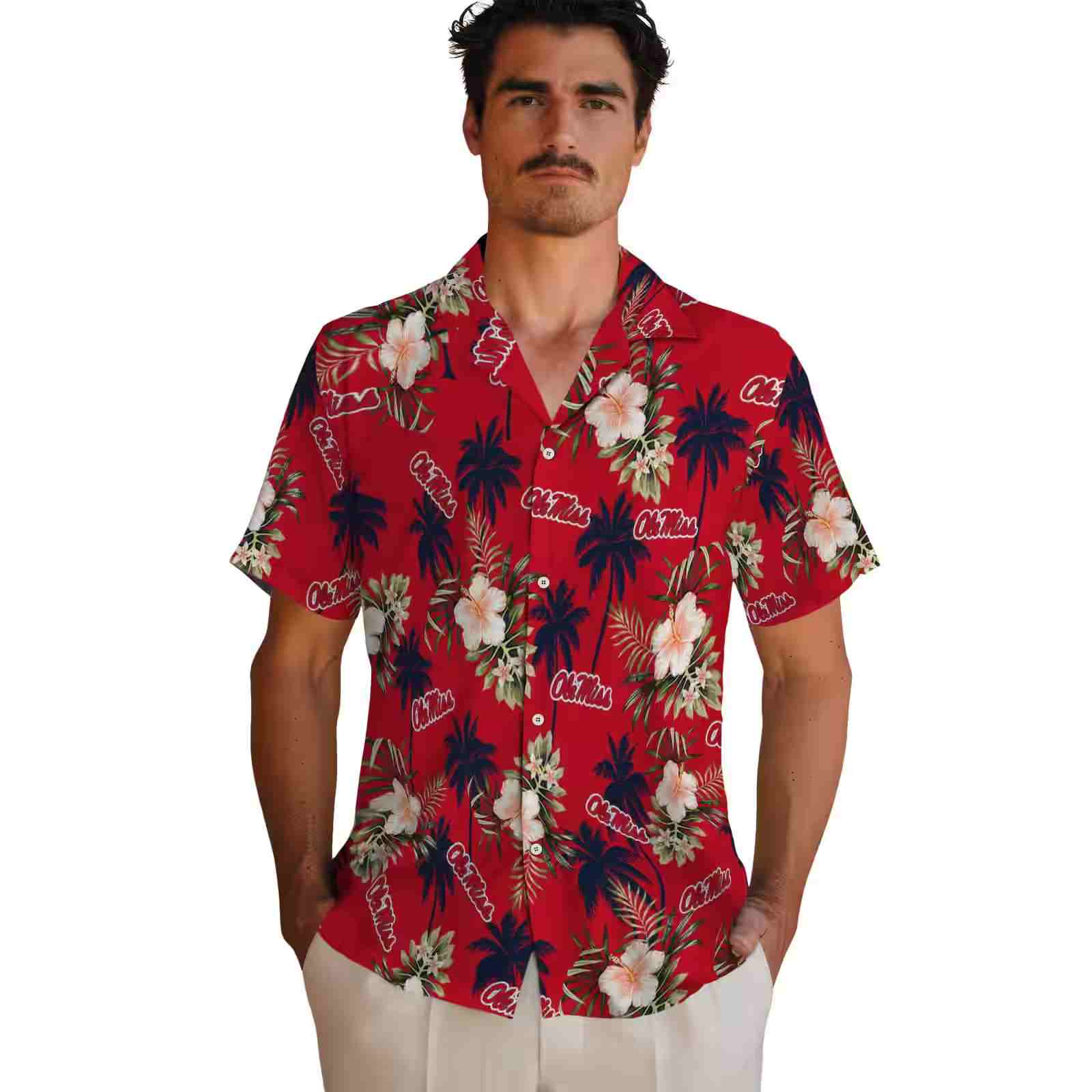 ole miss rebels palm tree flower red hawaiian shirt fashion forward