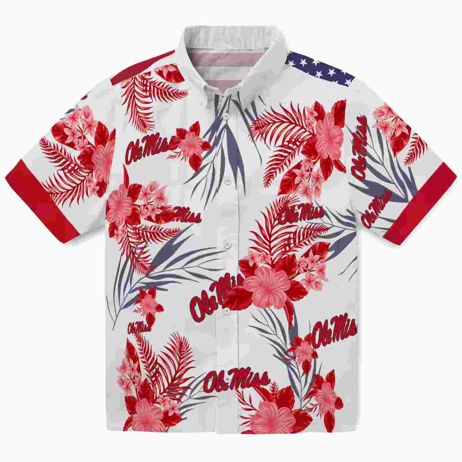 Ole Miss Rebels Patriotic Hibiscus Design Red White Hawaiian Shirt