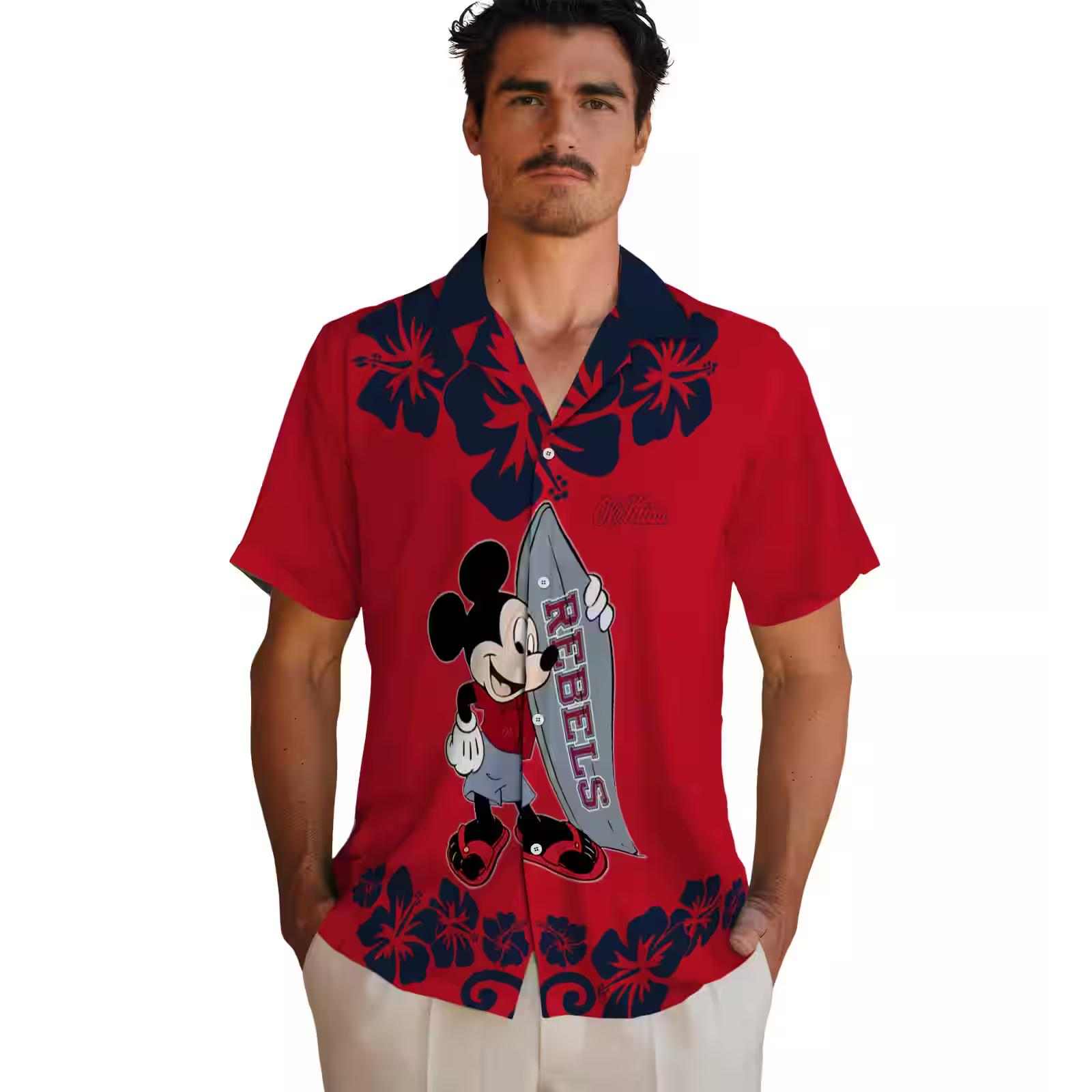 ole miss rebels surfing mickey red hawaiian shirt fashion forward