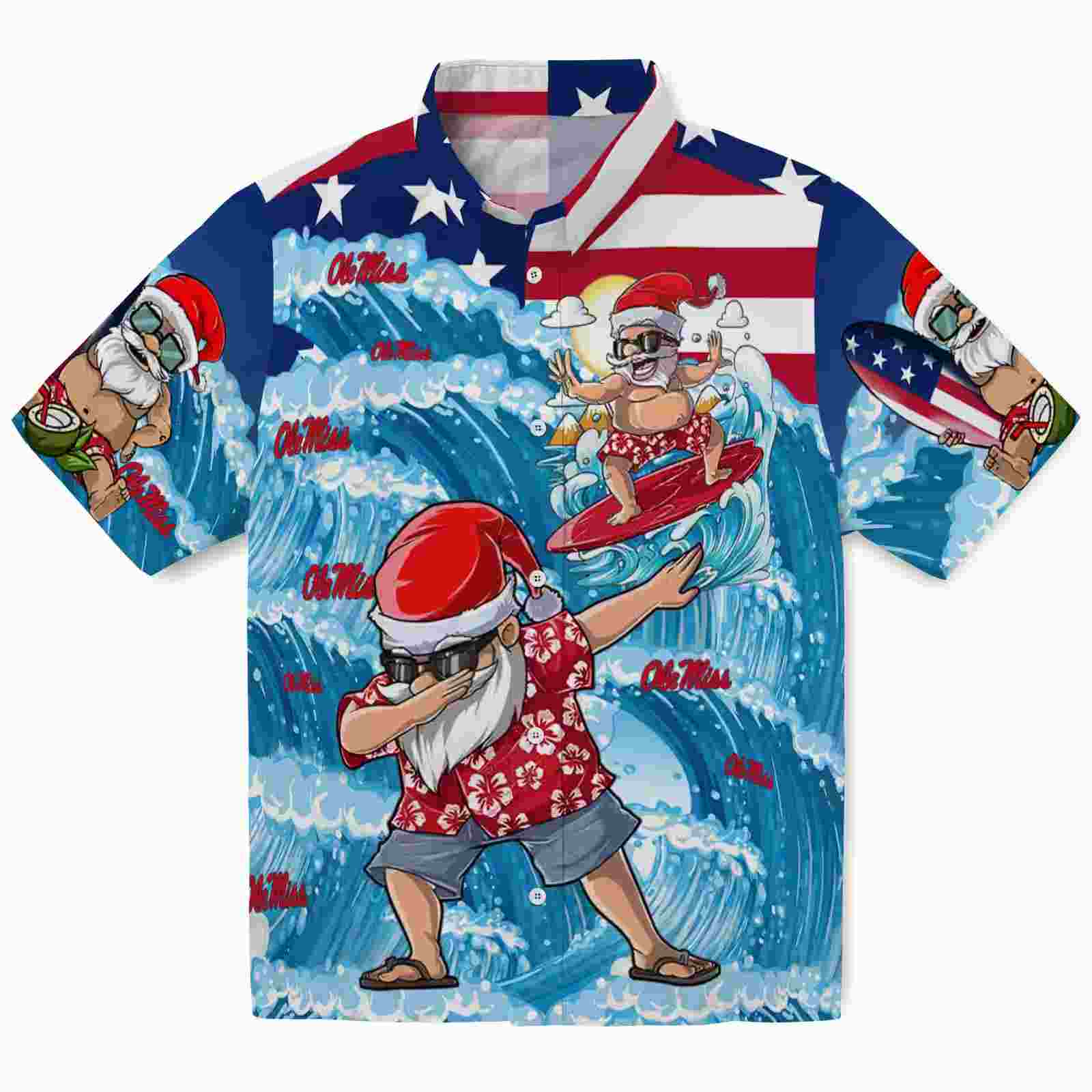 Ole Miss Rebels Surfing Santa Blue Hawaiian Shirt