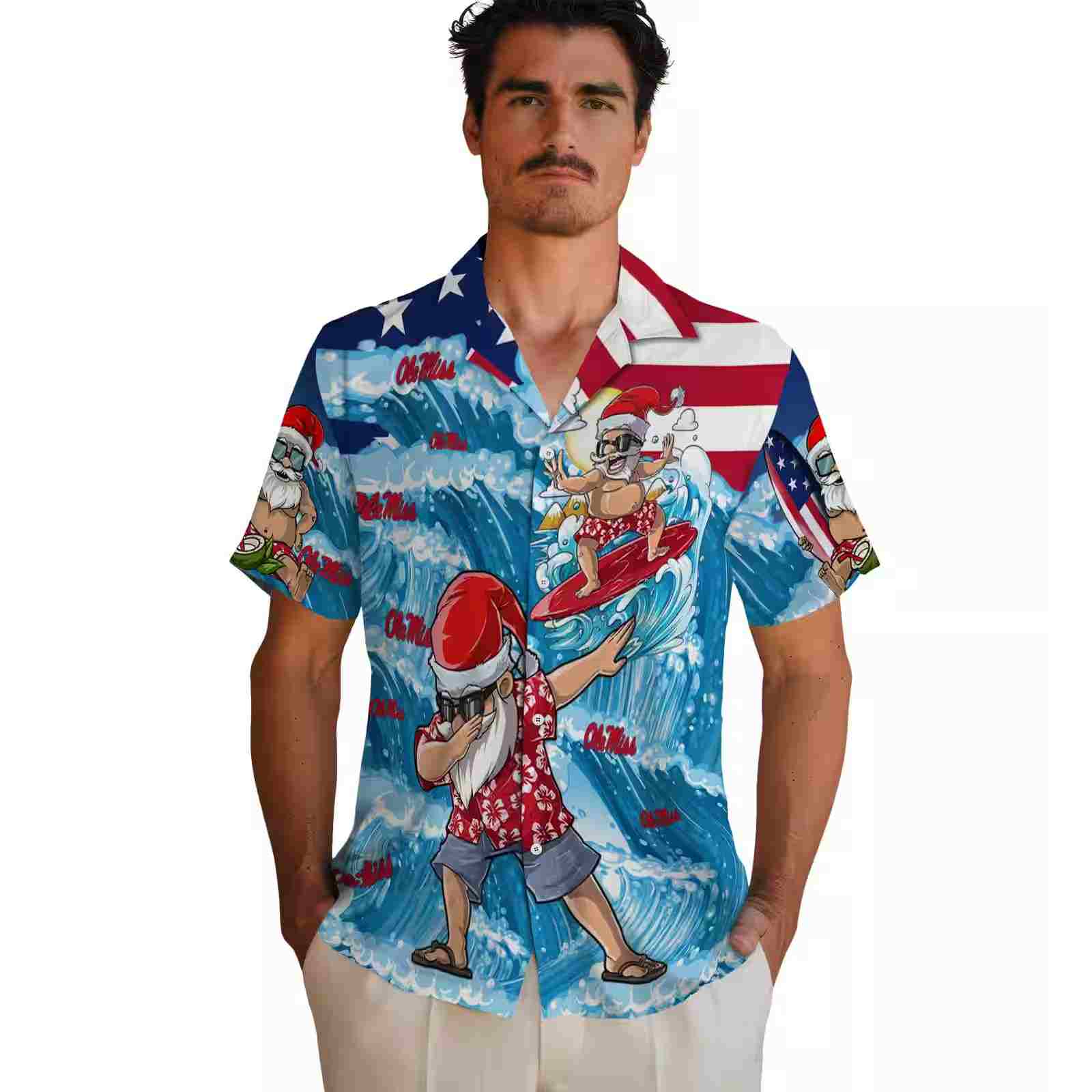 ole miss rebels surfing santa blue hawaiian shirt fashion forward