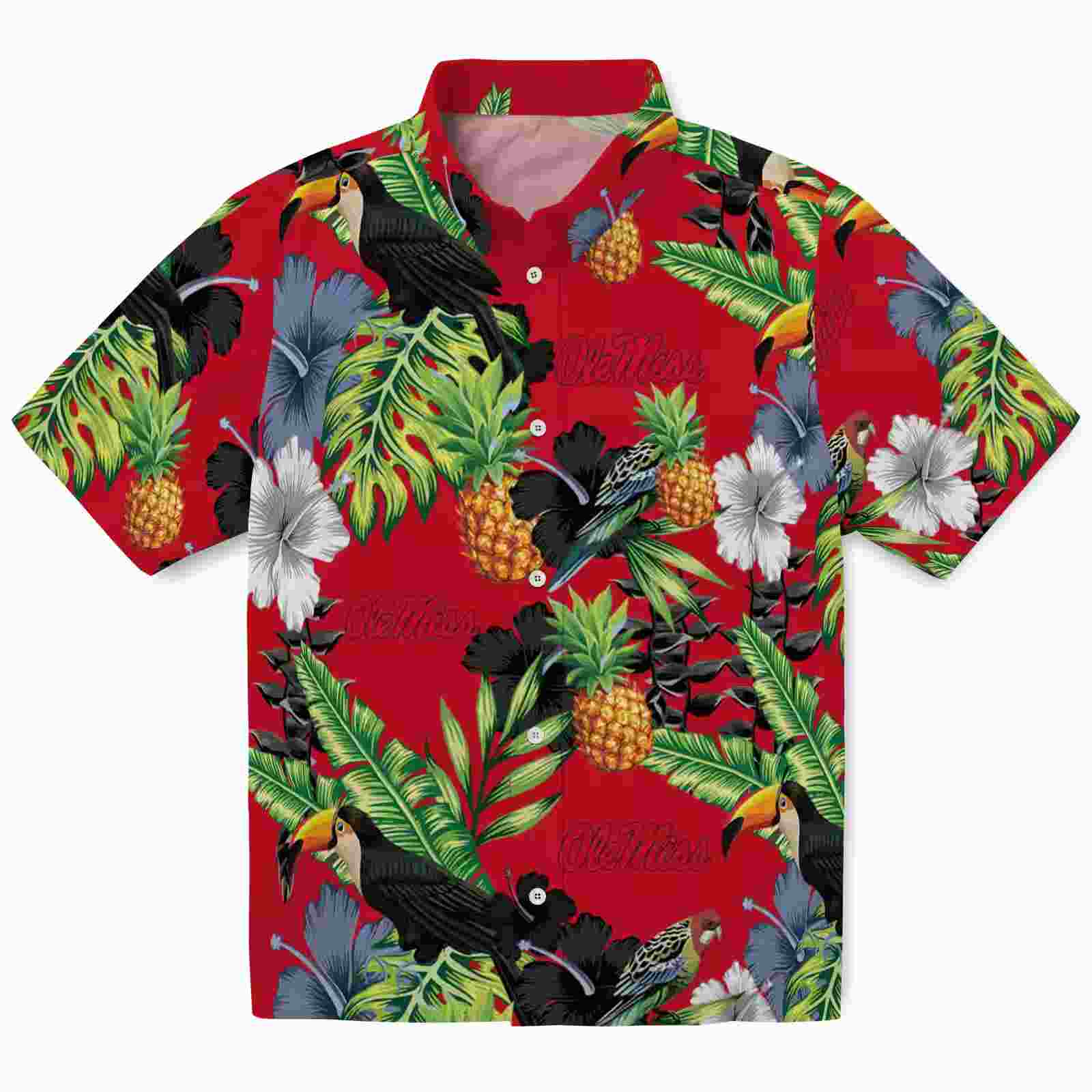 Ole Miss Rebels Toucan Hibiscus Pineapple Red Green Hawaiian Shirt