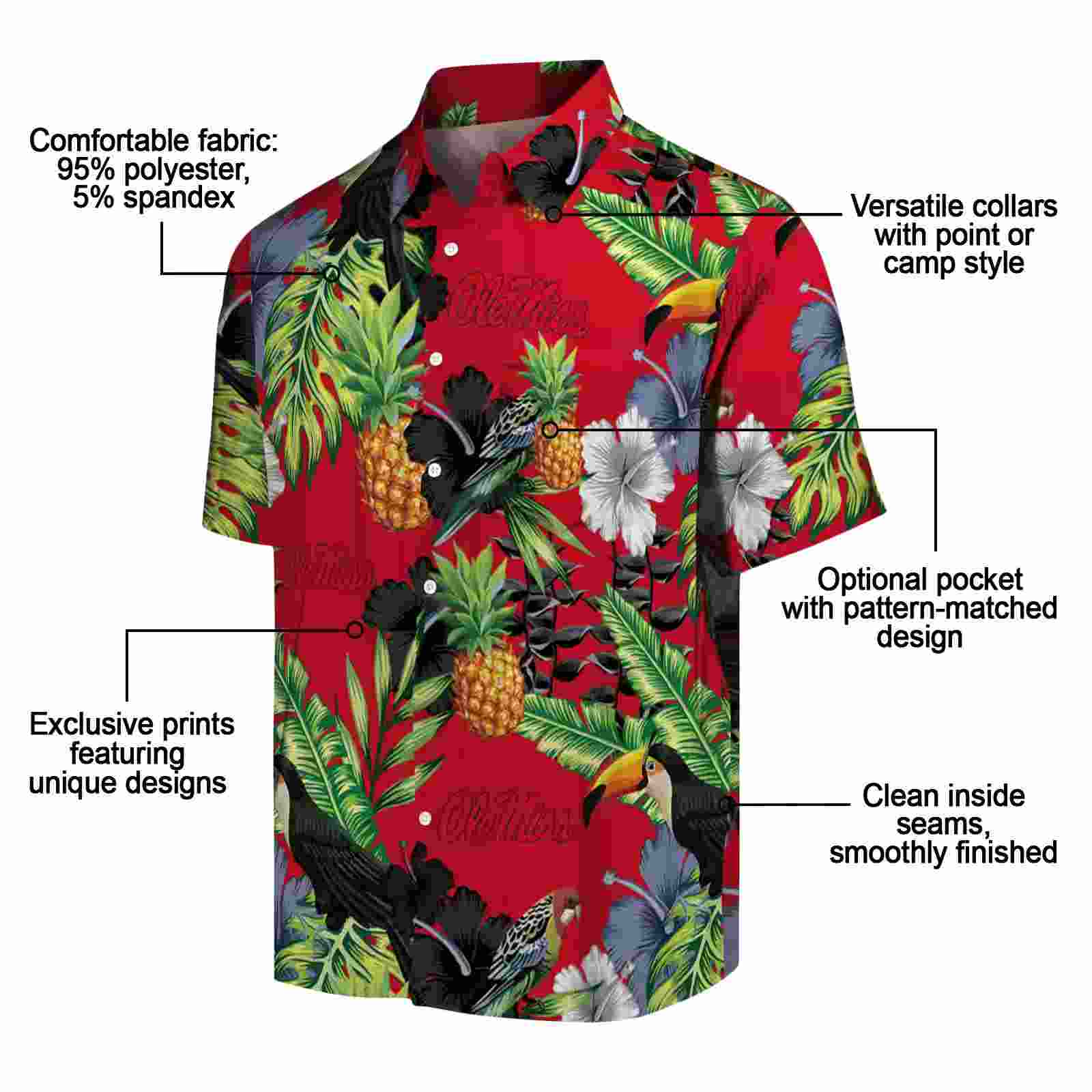 ole miss rebels toucan hibiscus pineapple red green hawaiian shirt new arrival